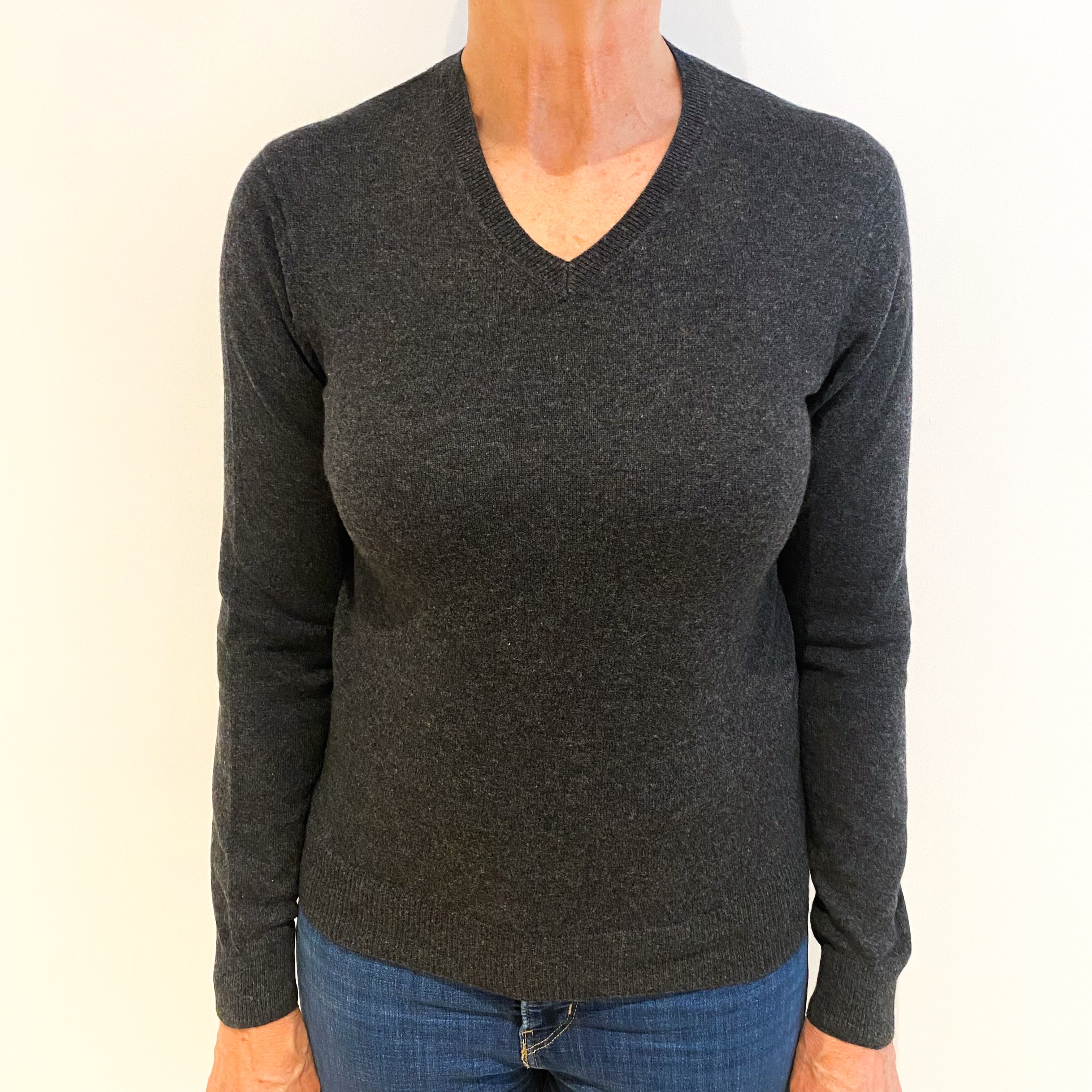 Charcoal Grey Cashmere V Neck Jumper Medium