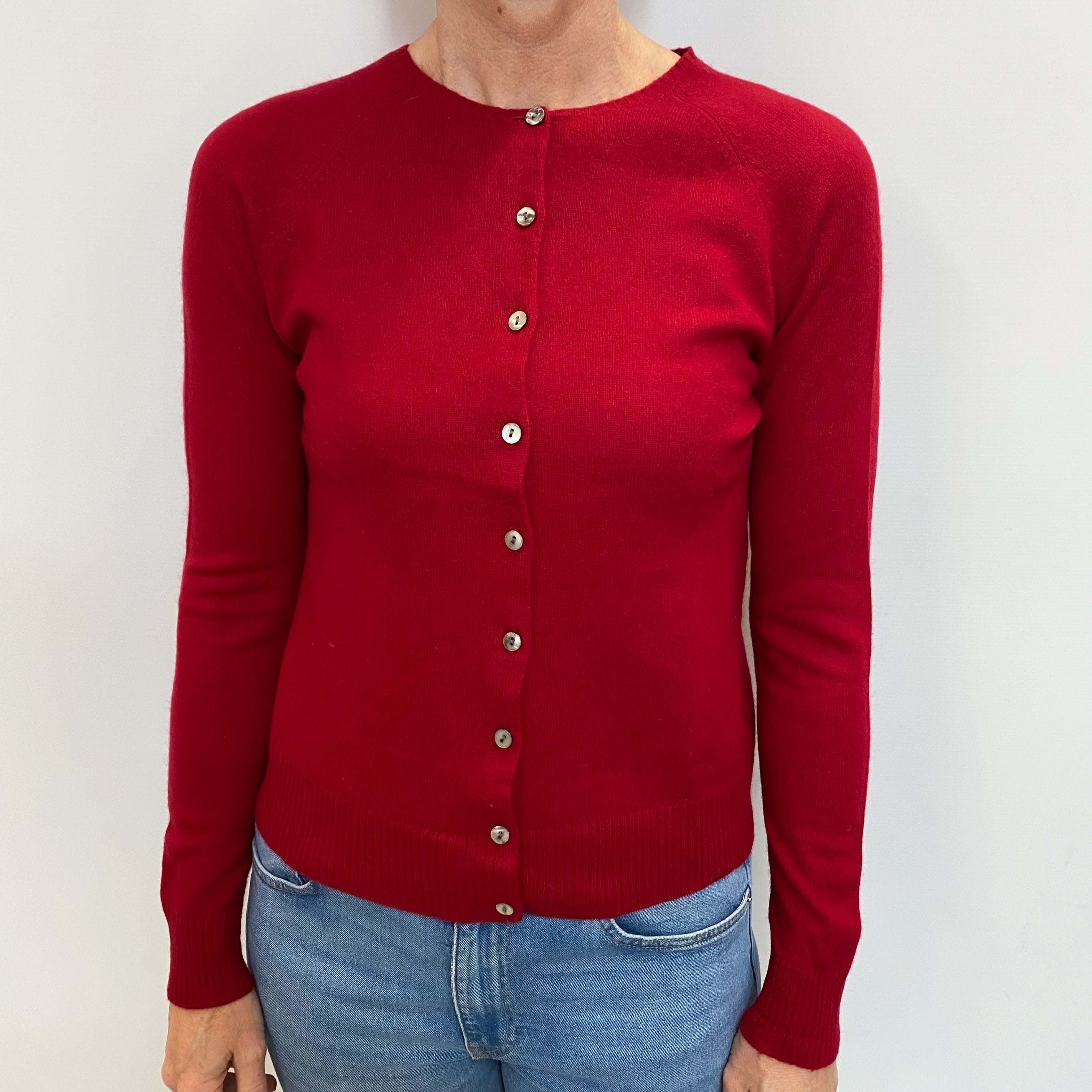 Crimson Red Cashmere Crew Neck Cardigan Small