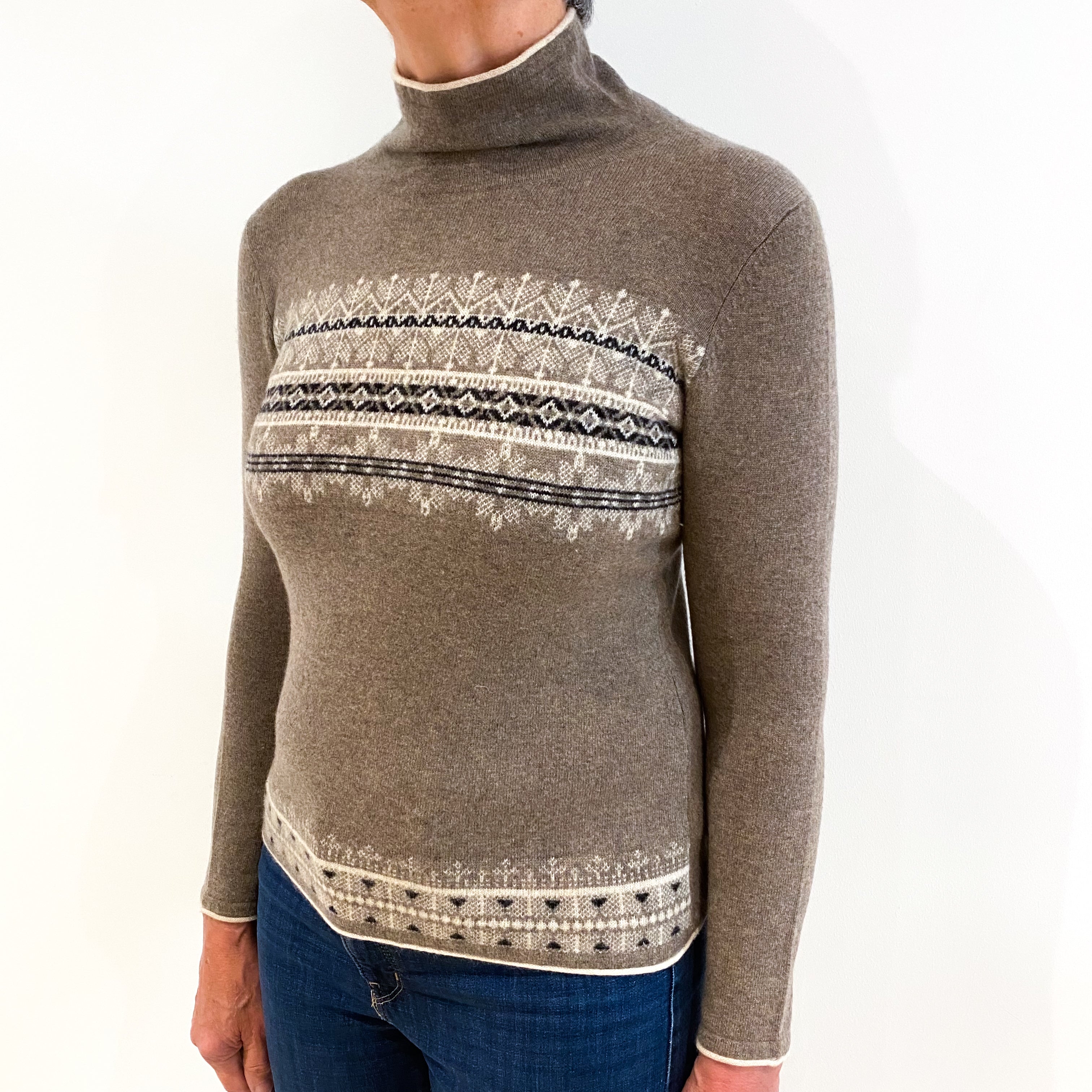 Taupe Brown Cashmere Polo Neck Jumper Medium