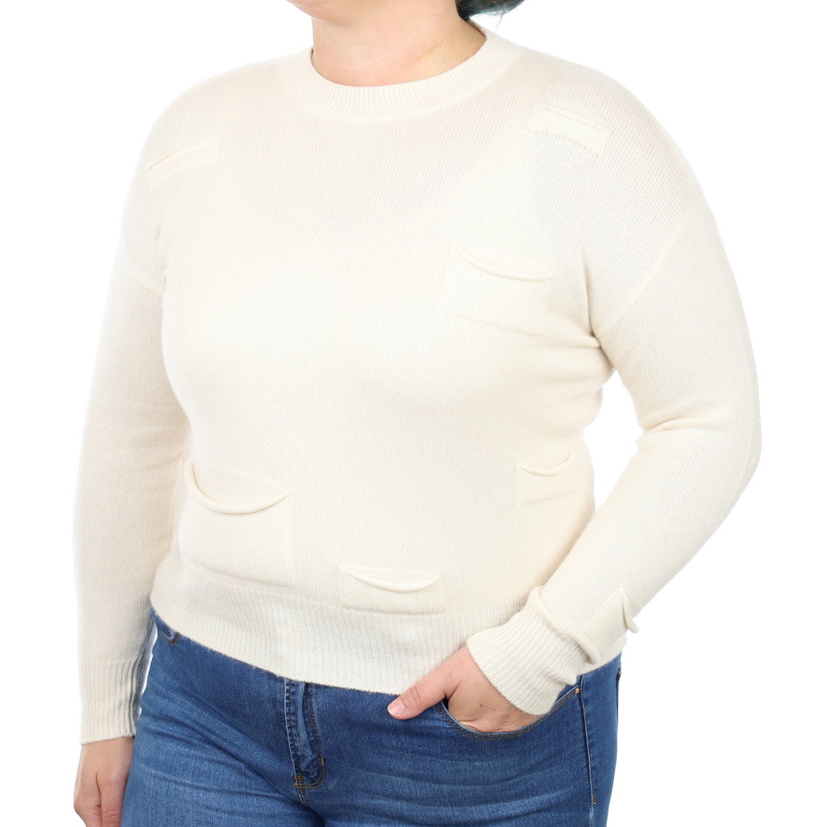 Ivory Heavy Knit Cashmere Crew Neck Jumper Large
