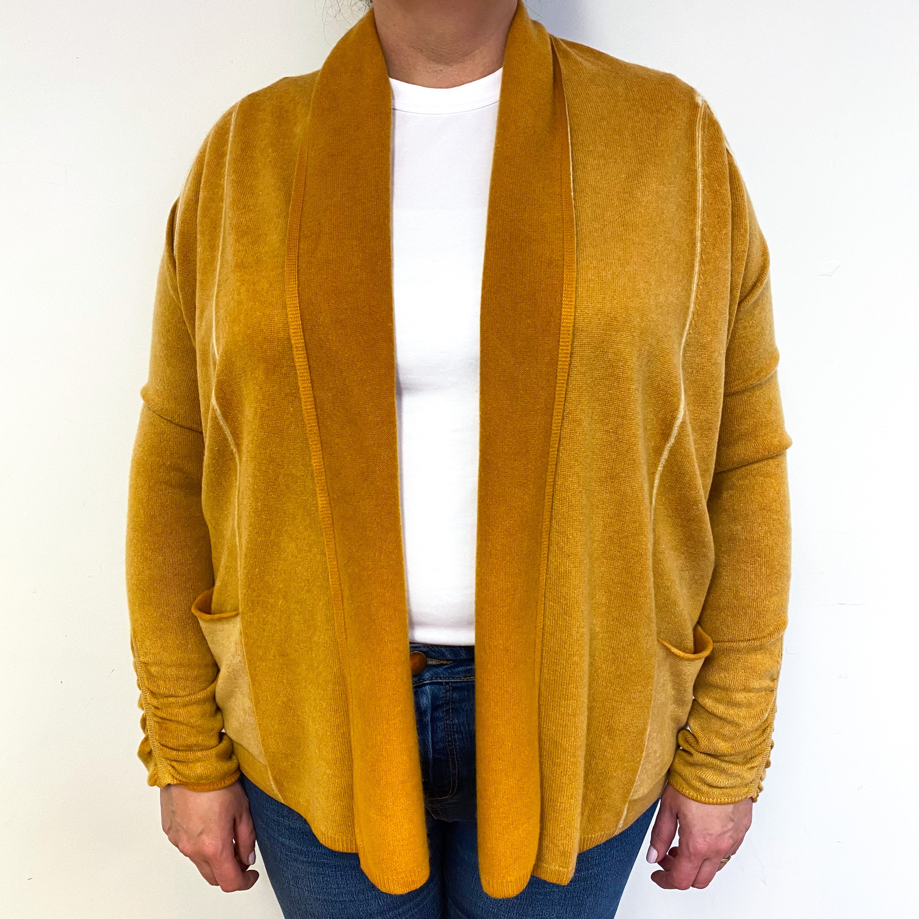 Mustard Yellow Girl Motif Cashmere Edge to Edge Cardigan Extra Large
