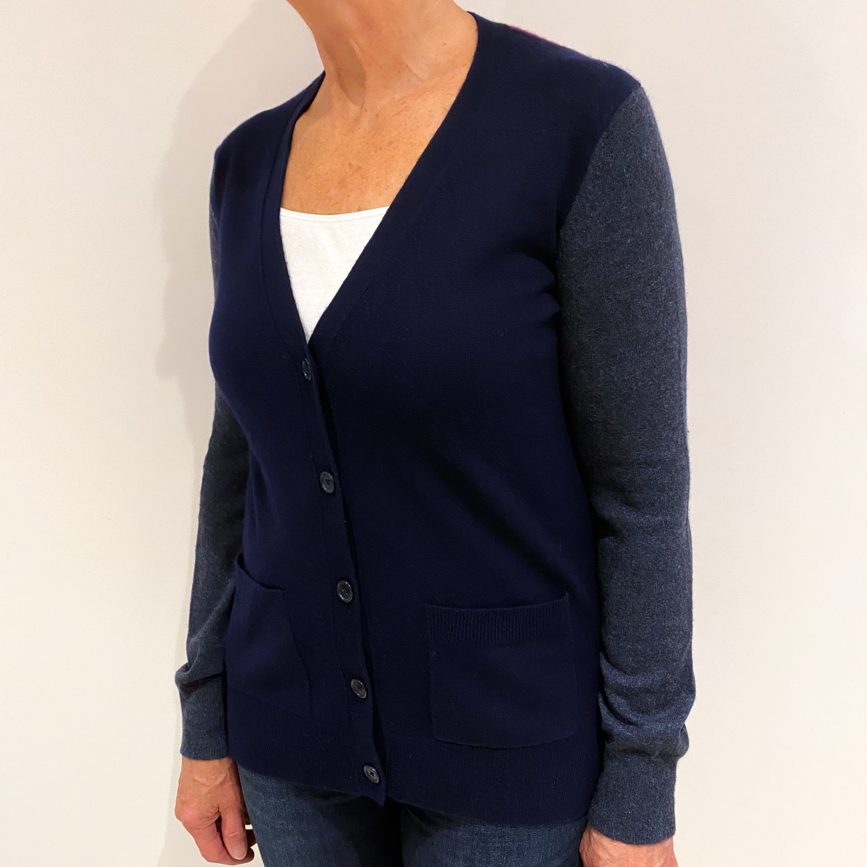 Navy Ruby Red and Charcoal Cashmere V Neck Cardigan Medium