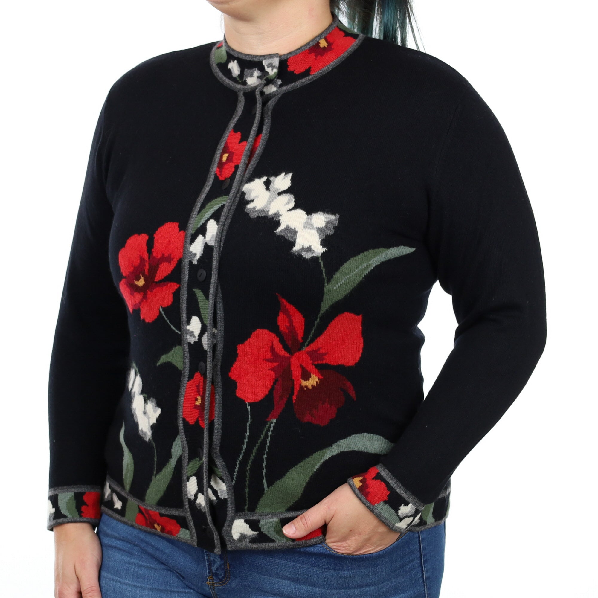 Black Floral Cashmere Funnel Neck Cardigan Large