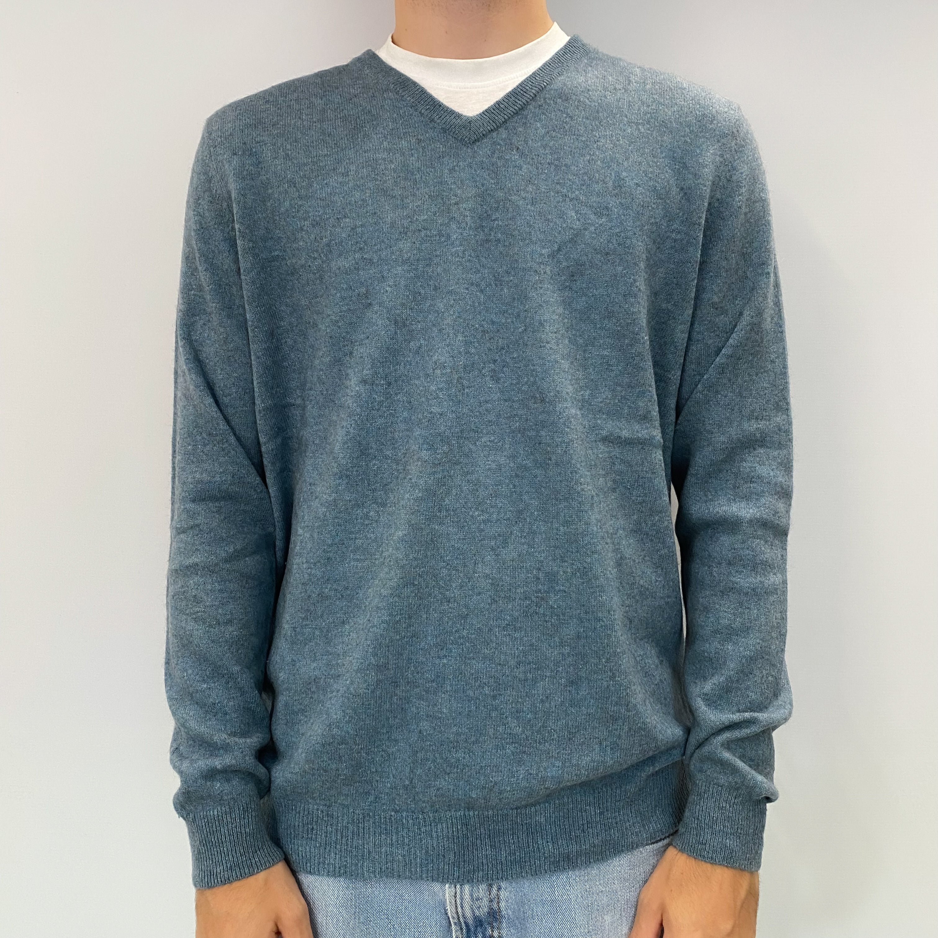 Men's Grey Blue Marl Cashmere V Neck Jumper Large