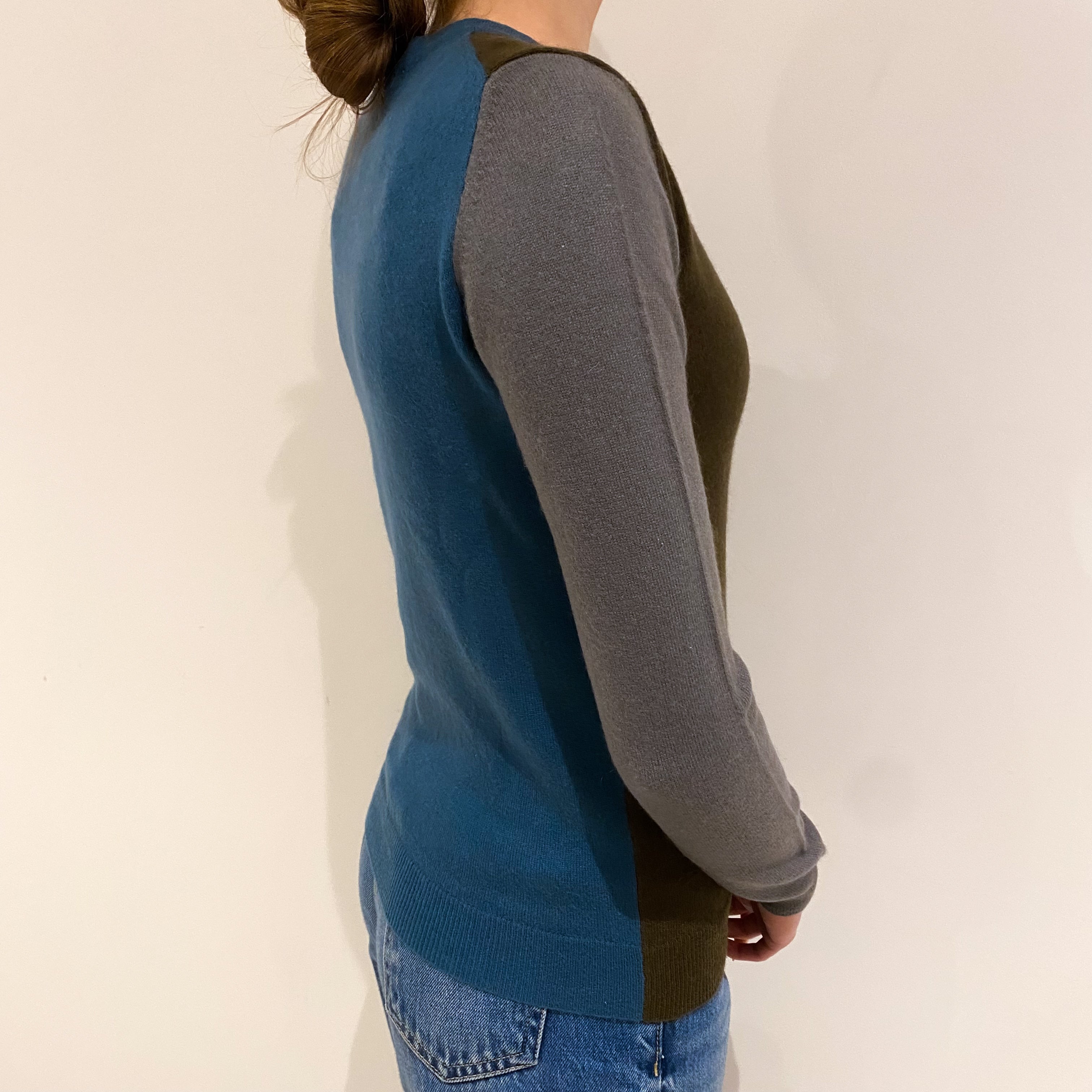 Khaki Grey and Petrol Blue Cashmere V Neck Jumper Extra Small