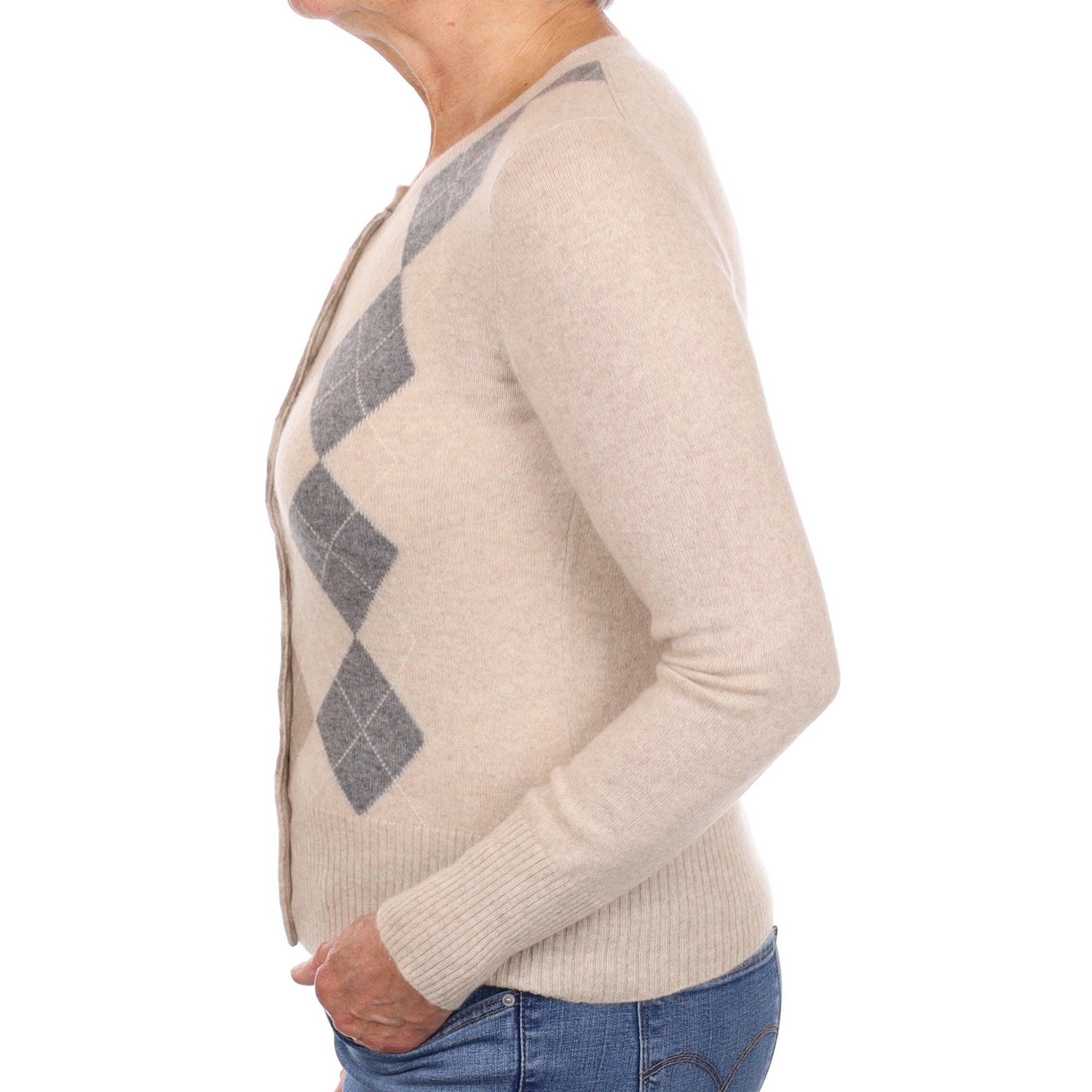 Oatmeal Beige Argyle Cashmere Crew Neck Cardigan Medium