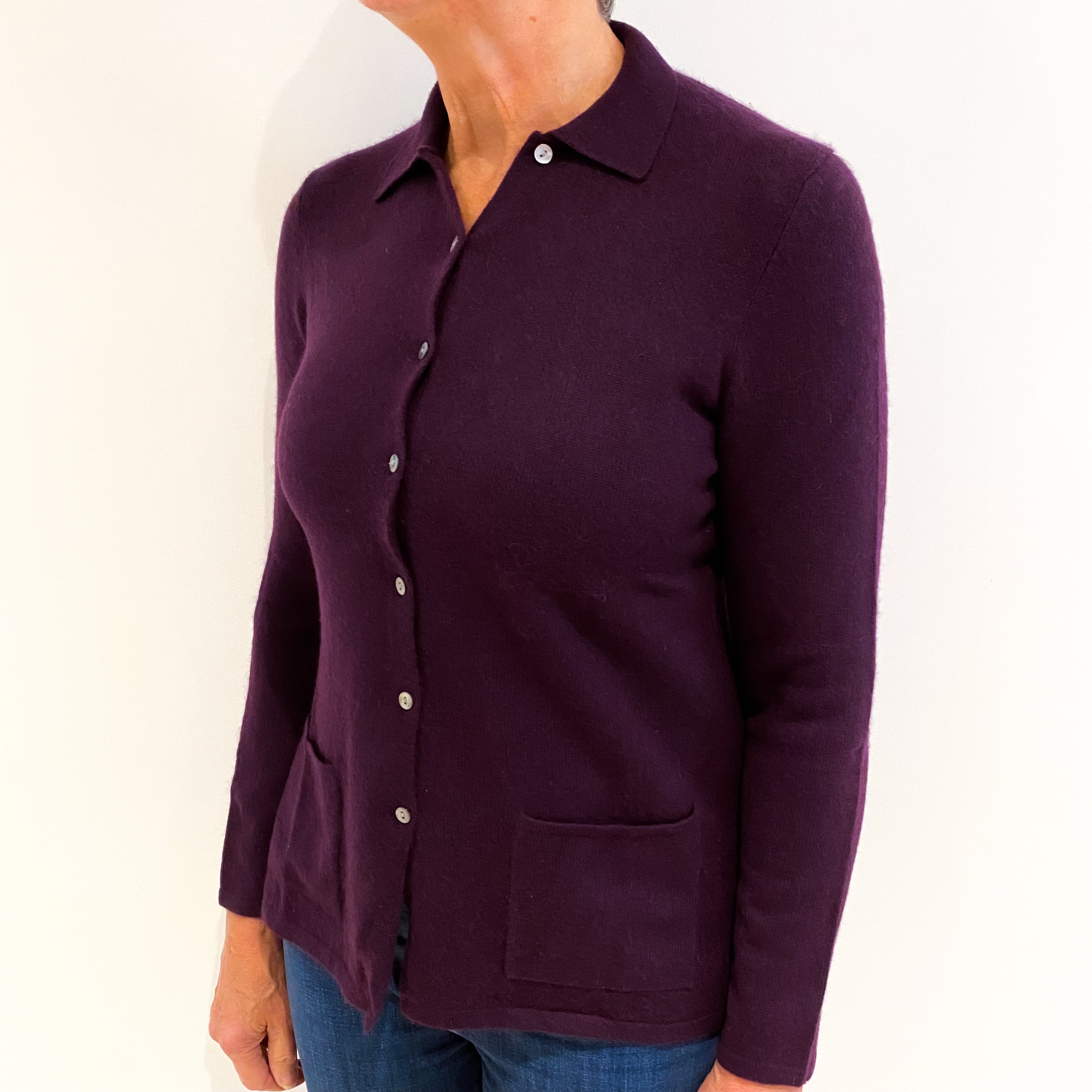 Aubergine Purple Collared Cashmere Cardigan Medium