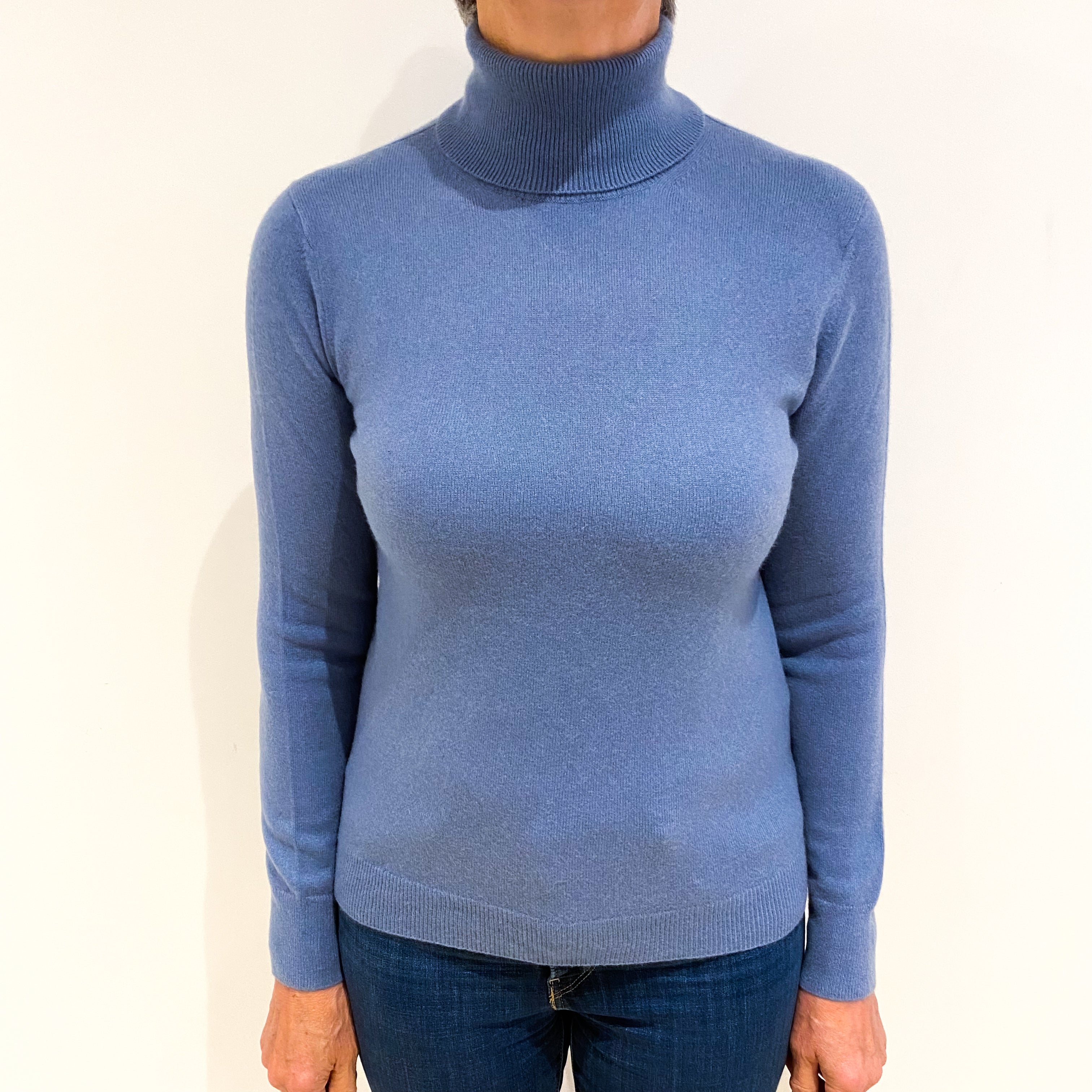 Dusky Blue Cashmere Polo Neck Jumper Medium