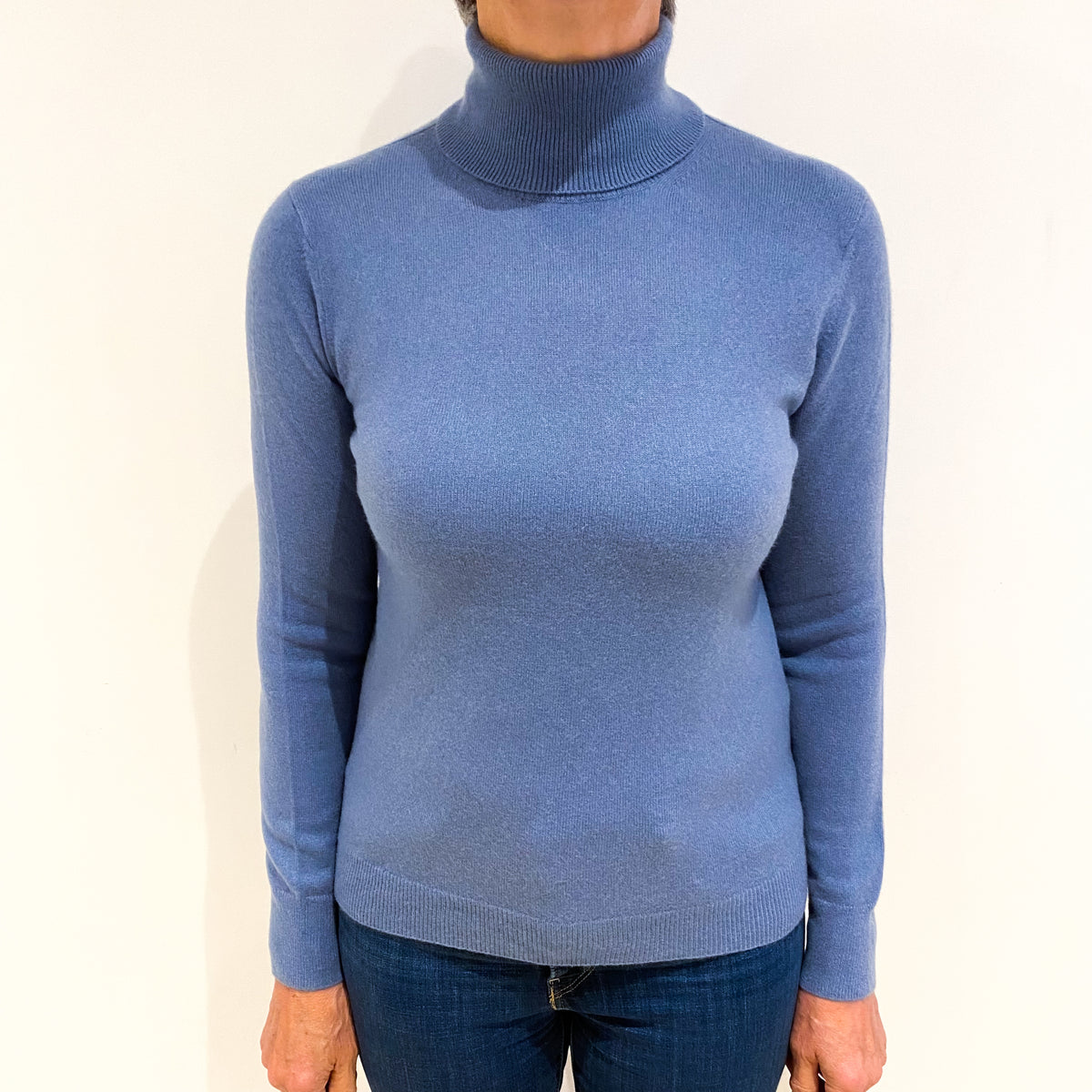 Dusky Blue Cashmere Polo Neck Jumper Medium