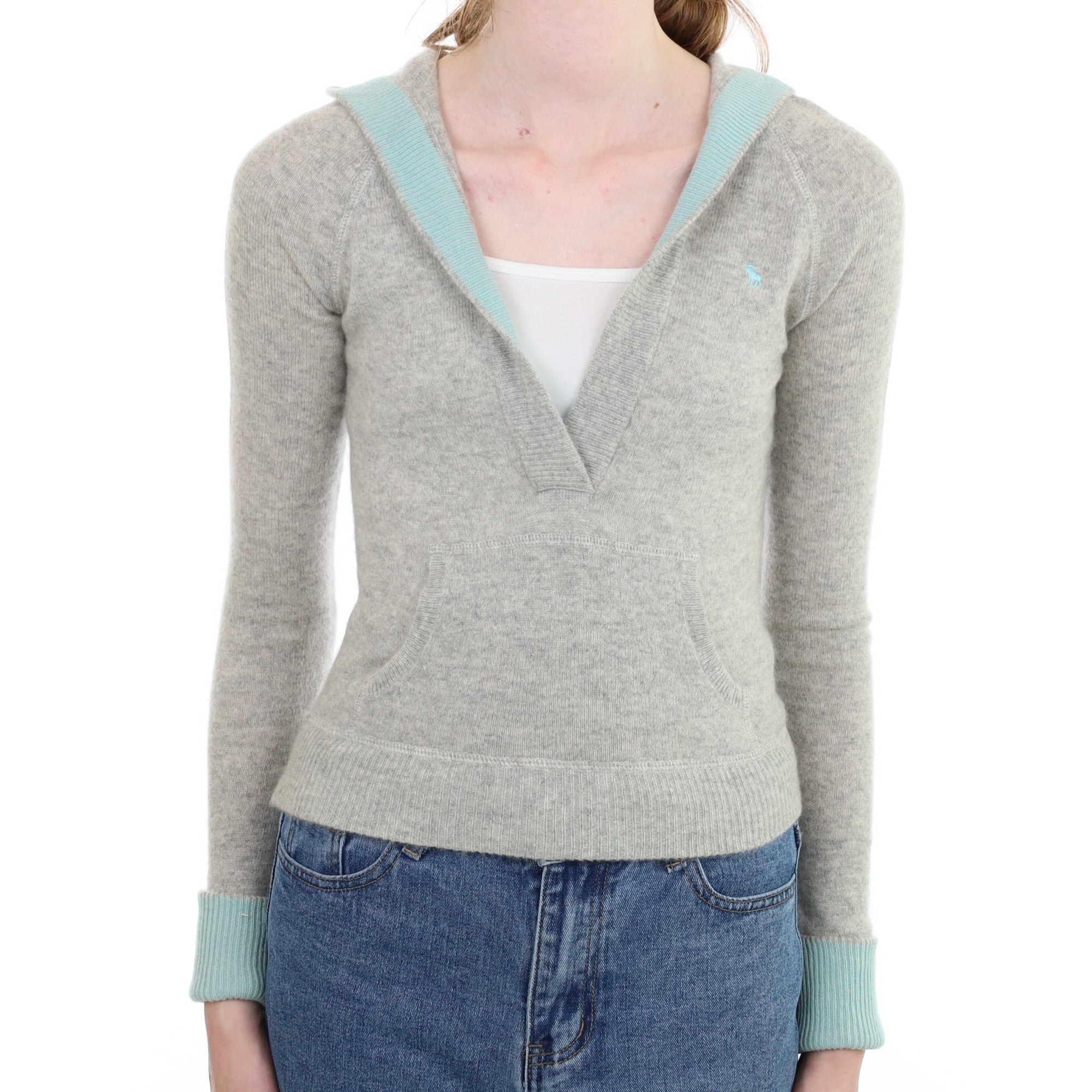 Smoke Grey Cashmere V Neck Hoodie Jumper Extra Small