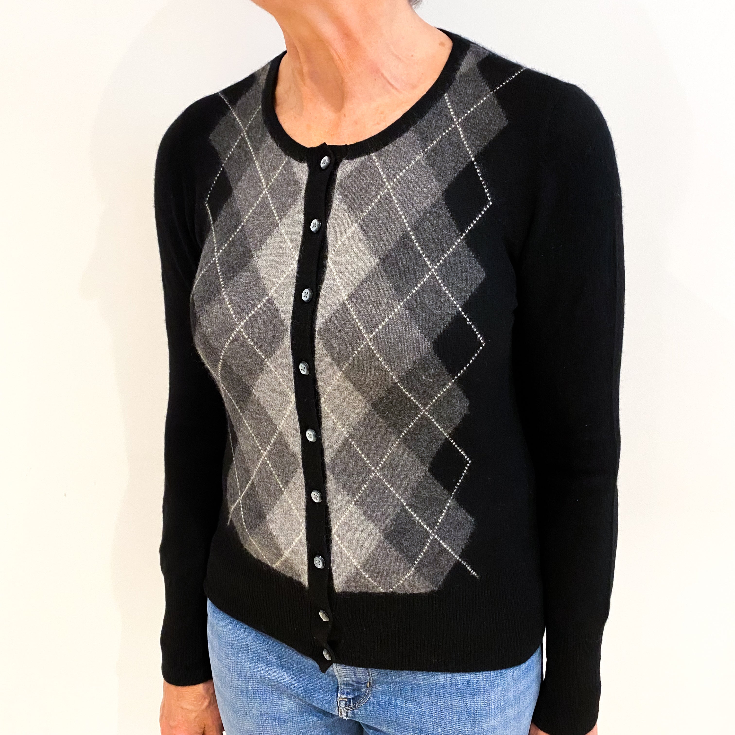 Black Argyle Cashmere Crew Neck Cardigan Medium