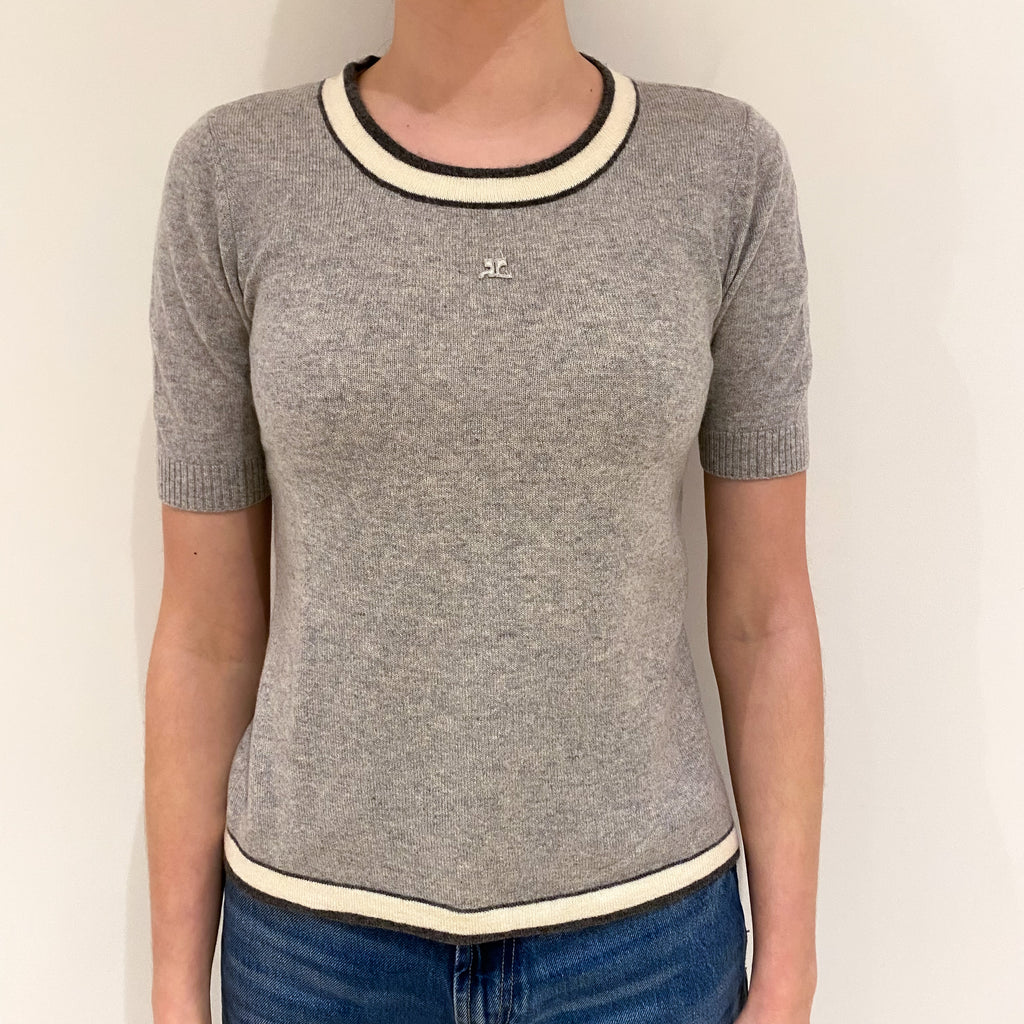 Smoke Grey Cream Trim Cashmere Short Sleeved Crew Neck Jumper Extra Small