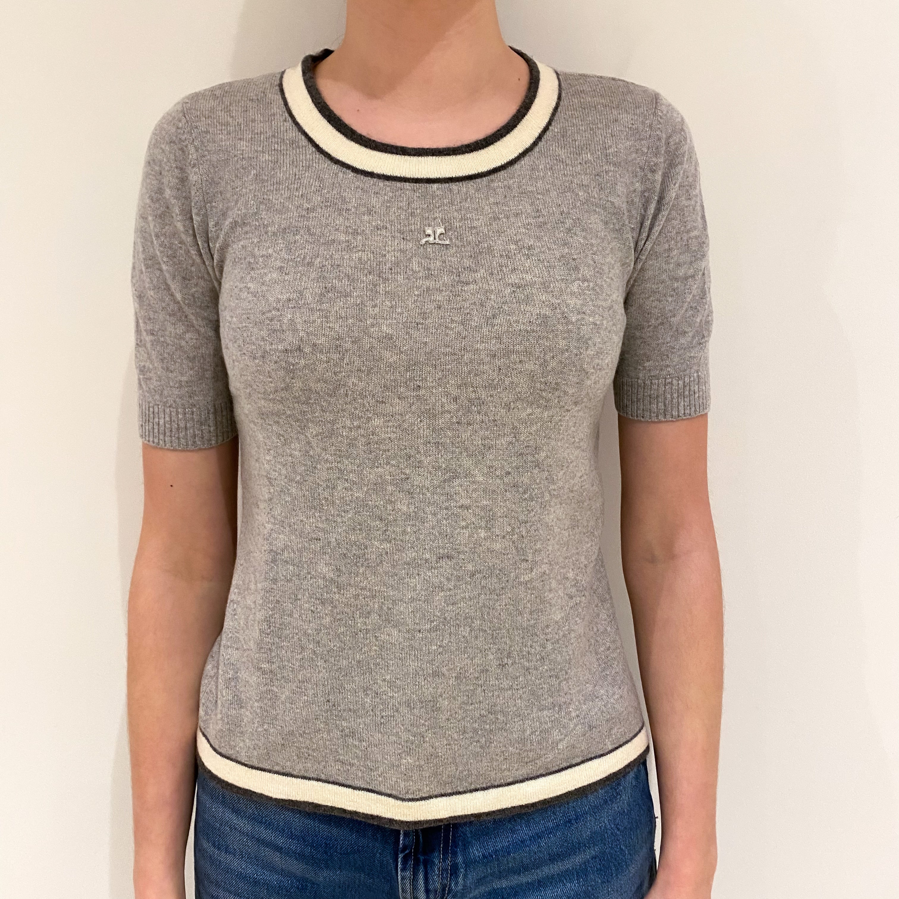 Smoke Grey Cream Trim Cashmere Short Sleeved Crew Neck Jumper Extra Small