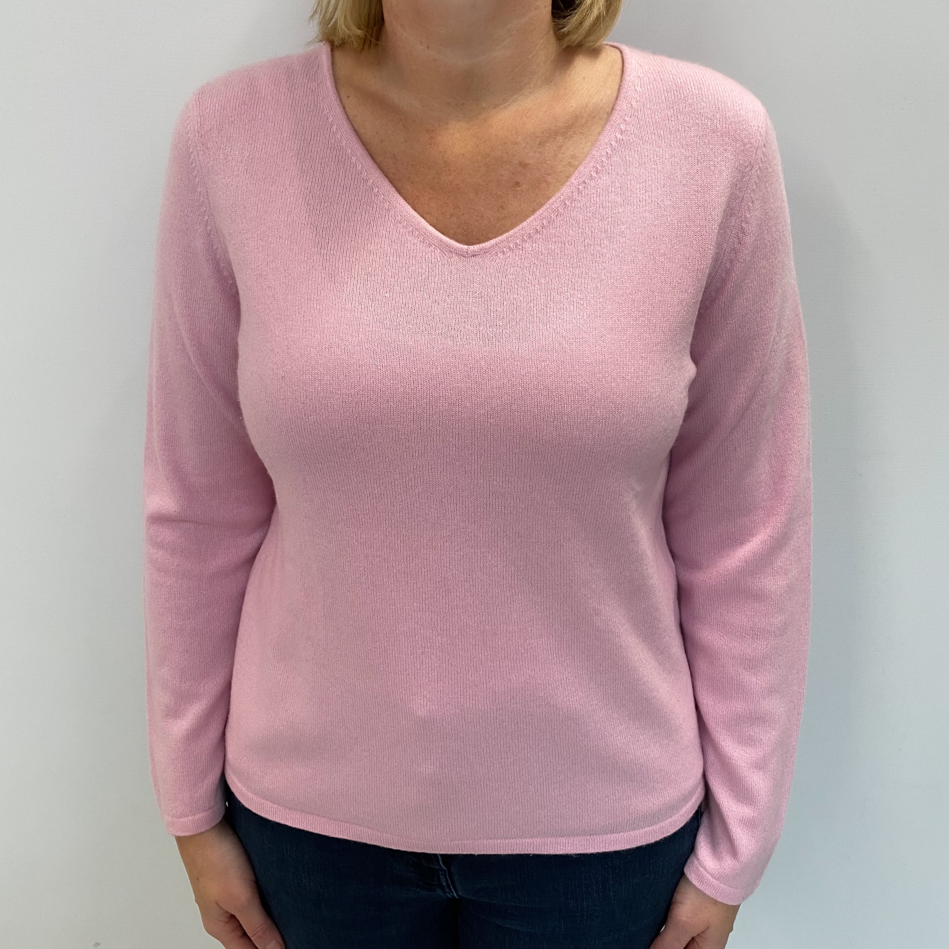 Carnation Pink Cashmere V Neck Jumper Large