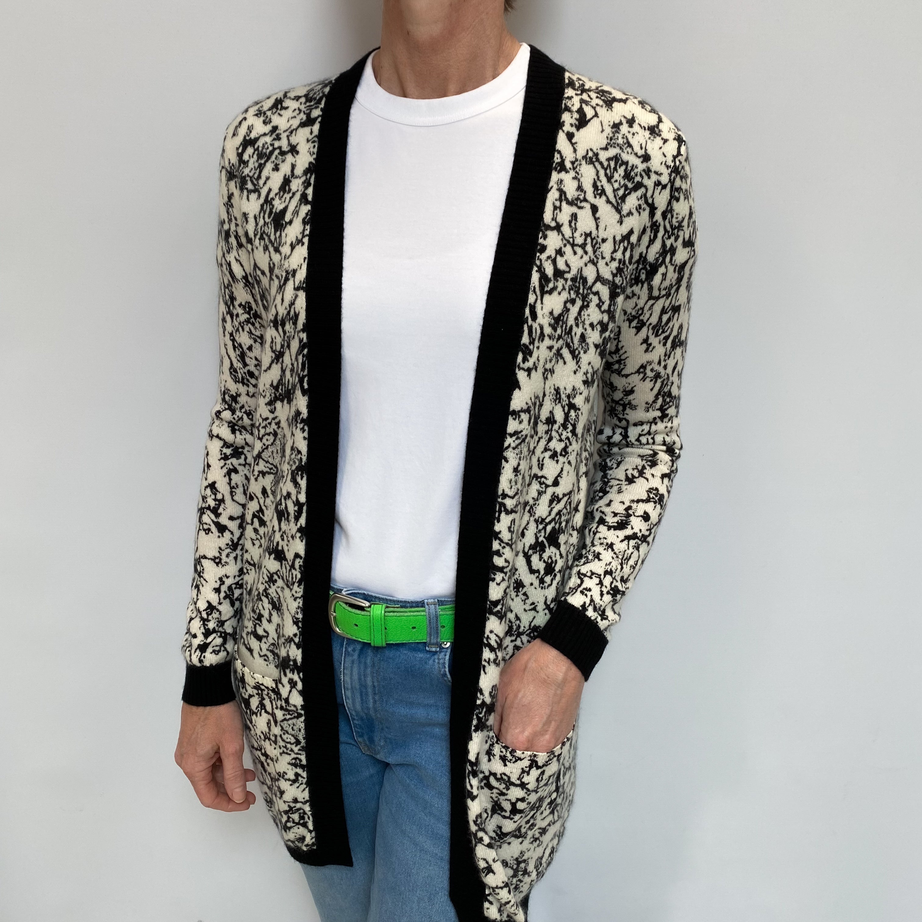 Black and Winter White Cashmere Edge to Edge Cardigan Small
