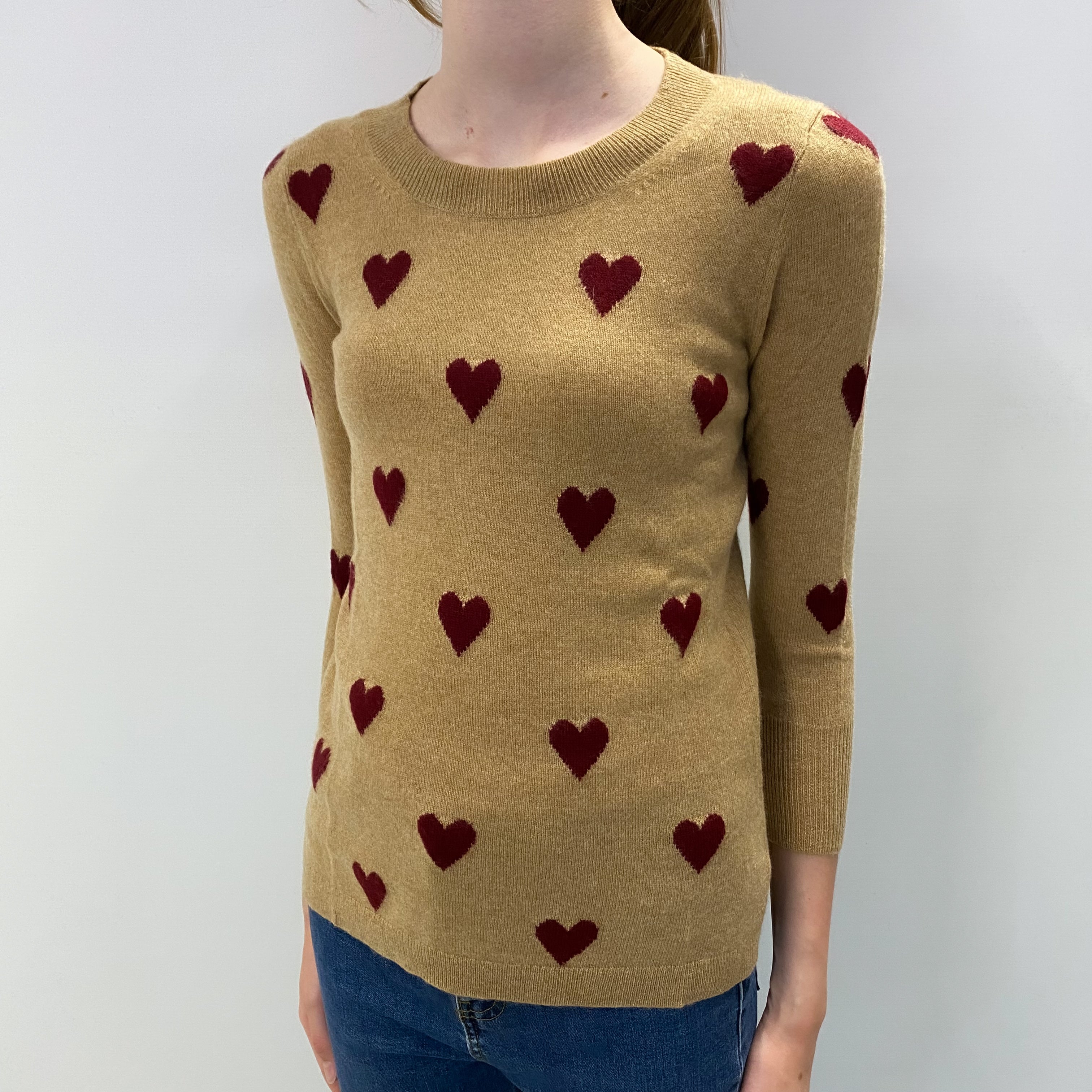 Honey Beige Hearts Pattern Cashmere Crew Neck Jumper Extra Small