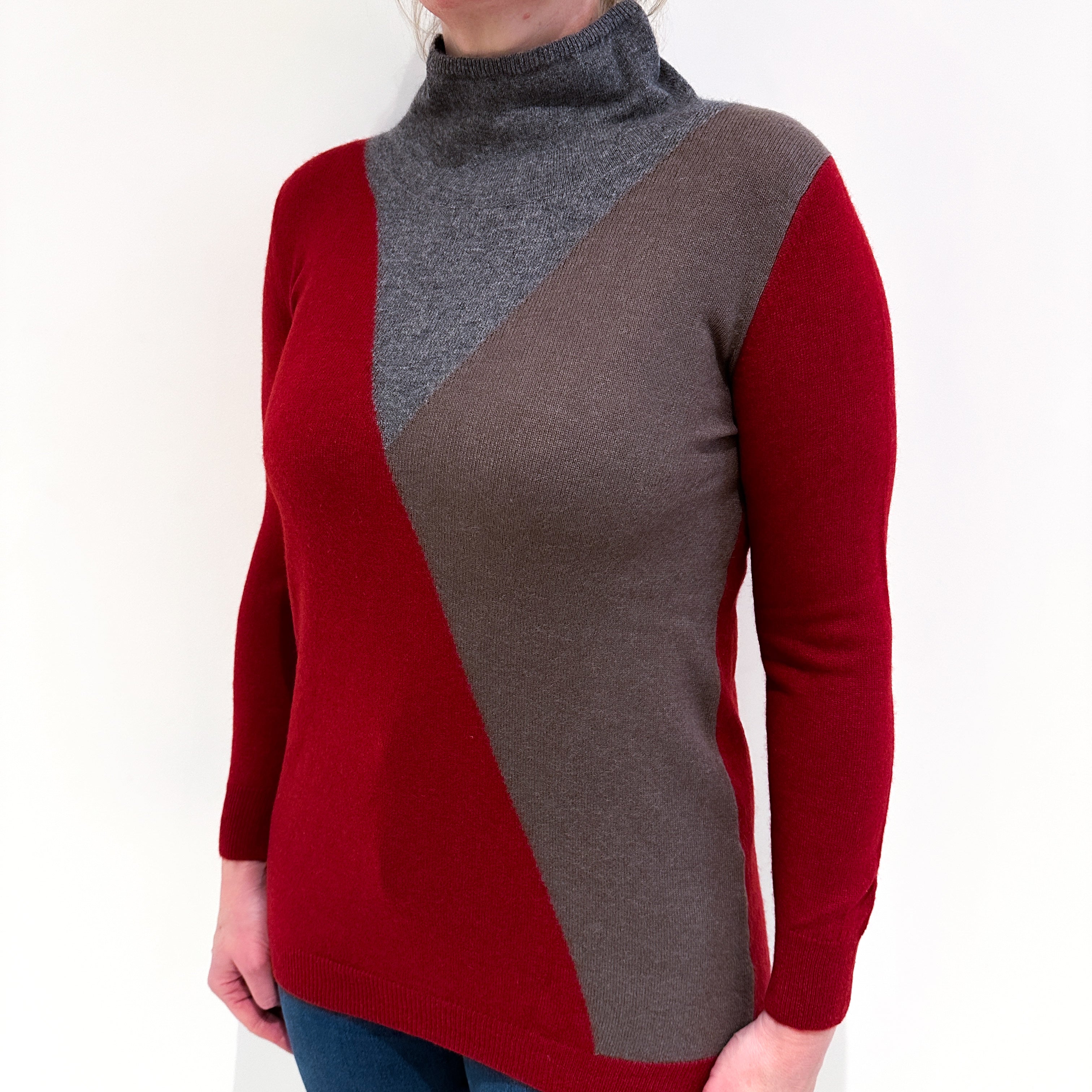 Red Brown and Grey Cashmere Funnel Neck Jumper Large