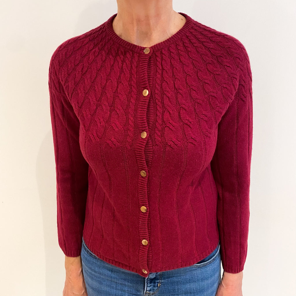 Garnet Red Textured Cashmere Crew Neck Cardigan Medium