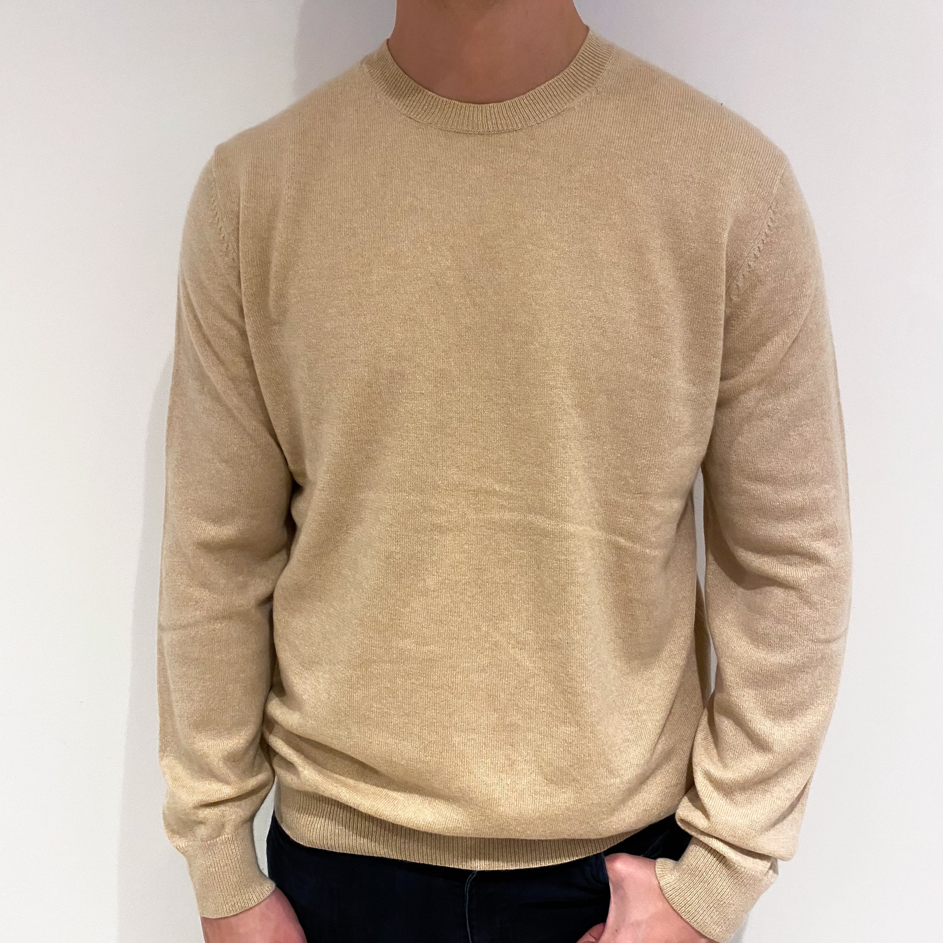 Men's Sand Beige Cashmere Crew Neck Jumper XL