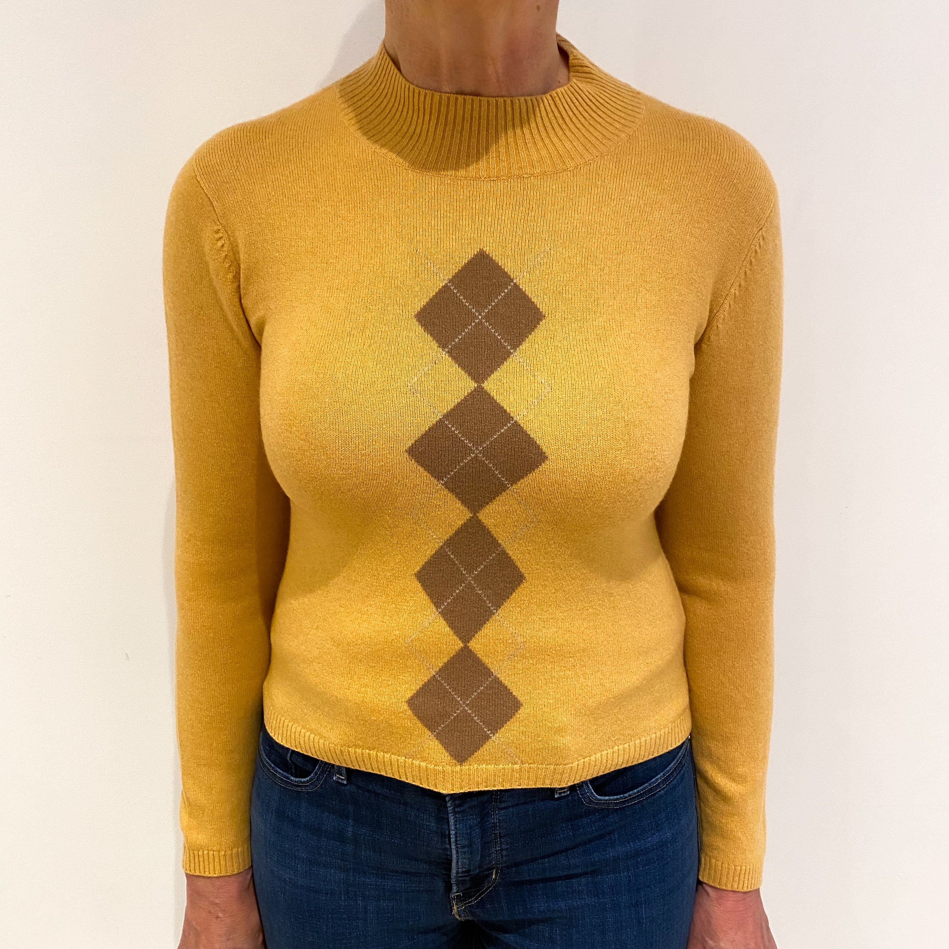 Caramel Brown With Diamond Pattern Cashmere Turtle Neck Jumper Medium