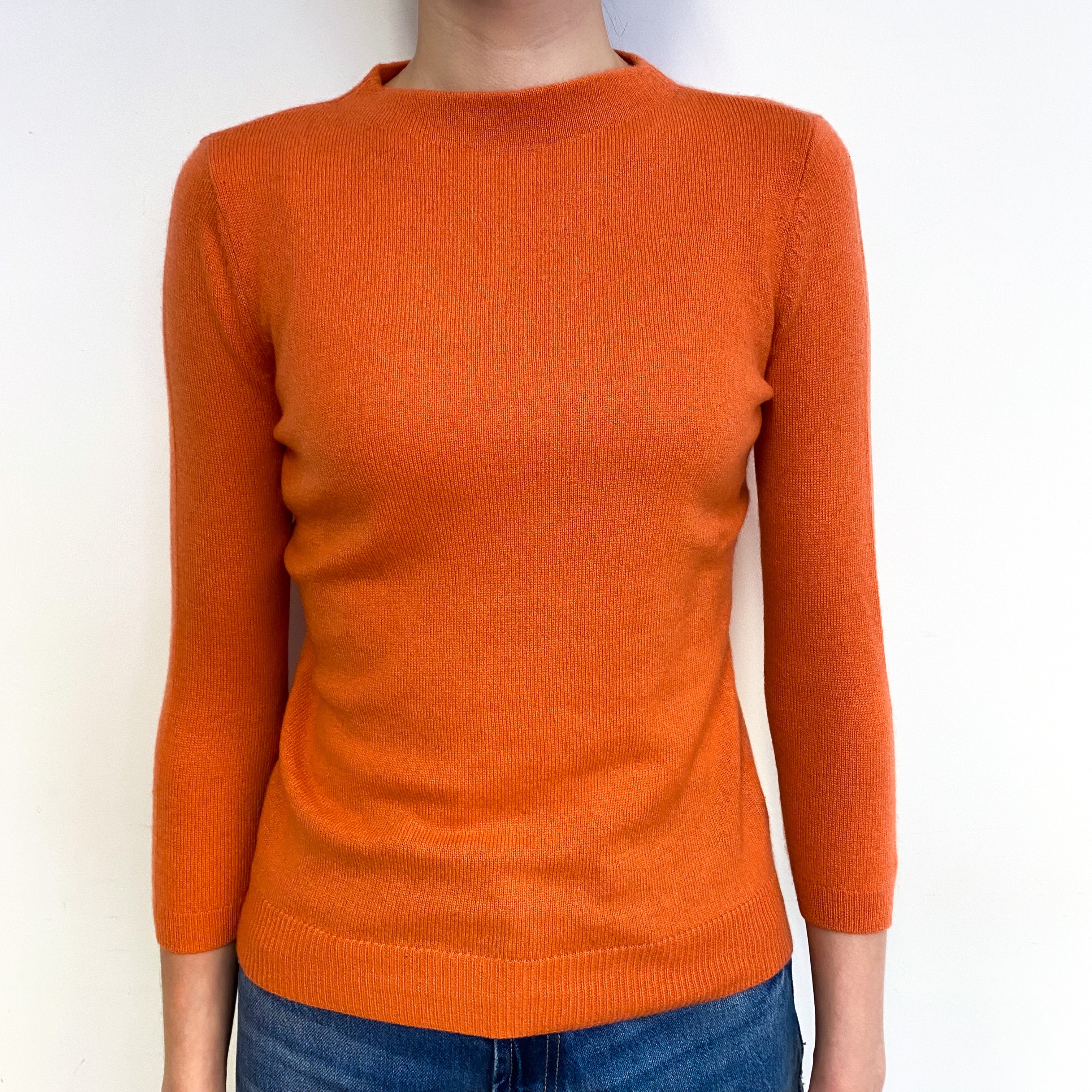 Sunset Orange 3/4 Sleeve Cashmere Crew Neck Jumper Extra Small