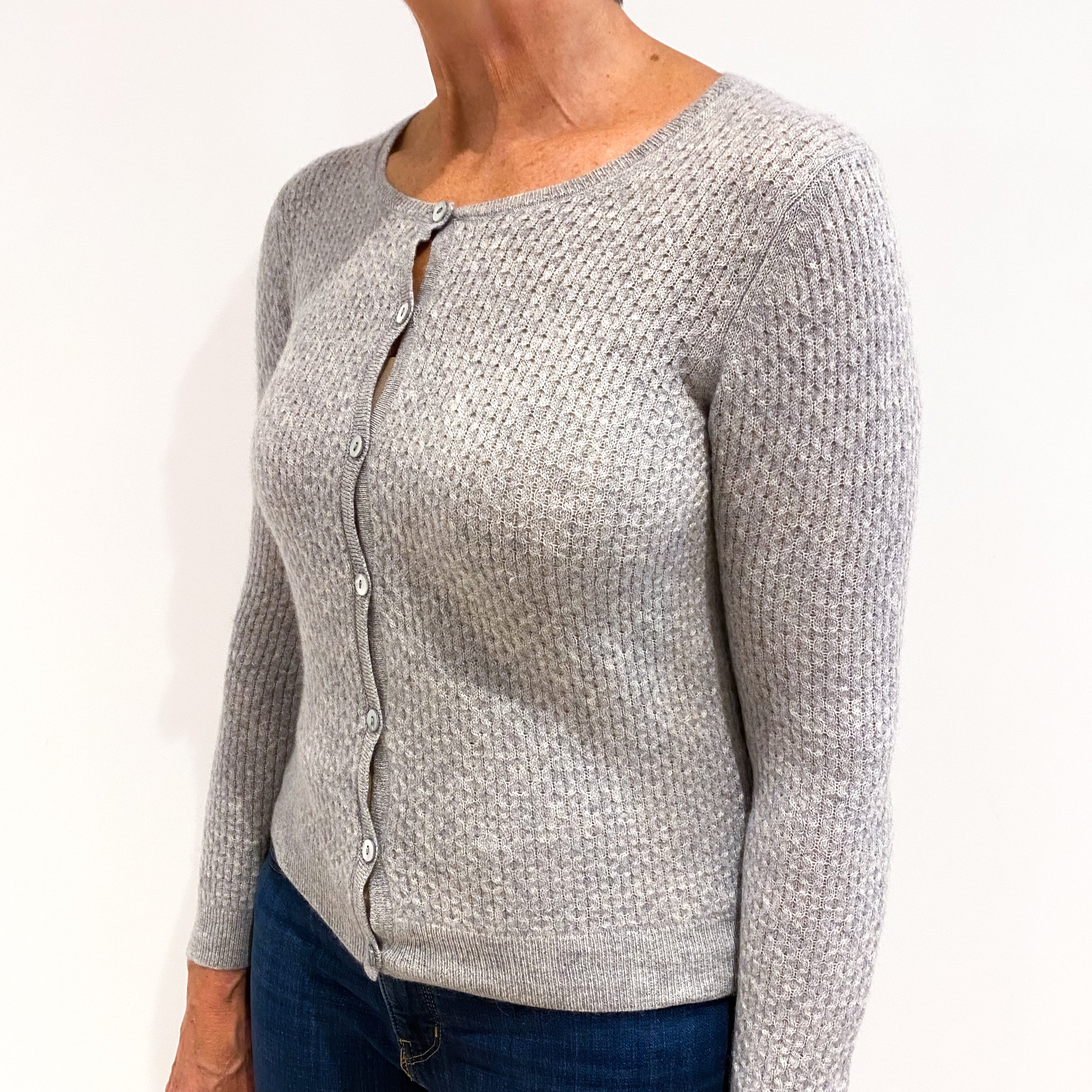 Smoke Grey Skinny Cable Cashmere Crew Neck Cardigan Medium