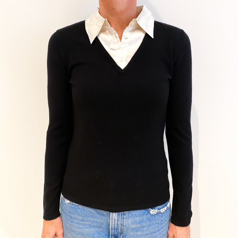 Black Cashmere V-Neck Jumper with Faux Shirt Small