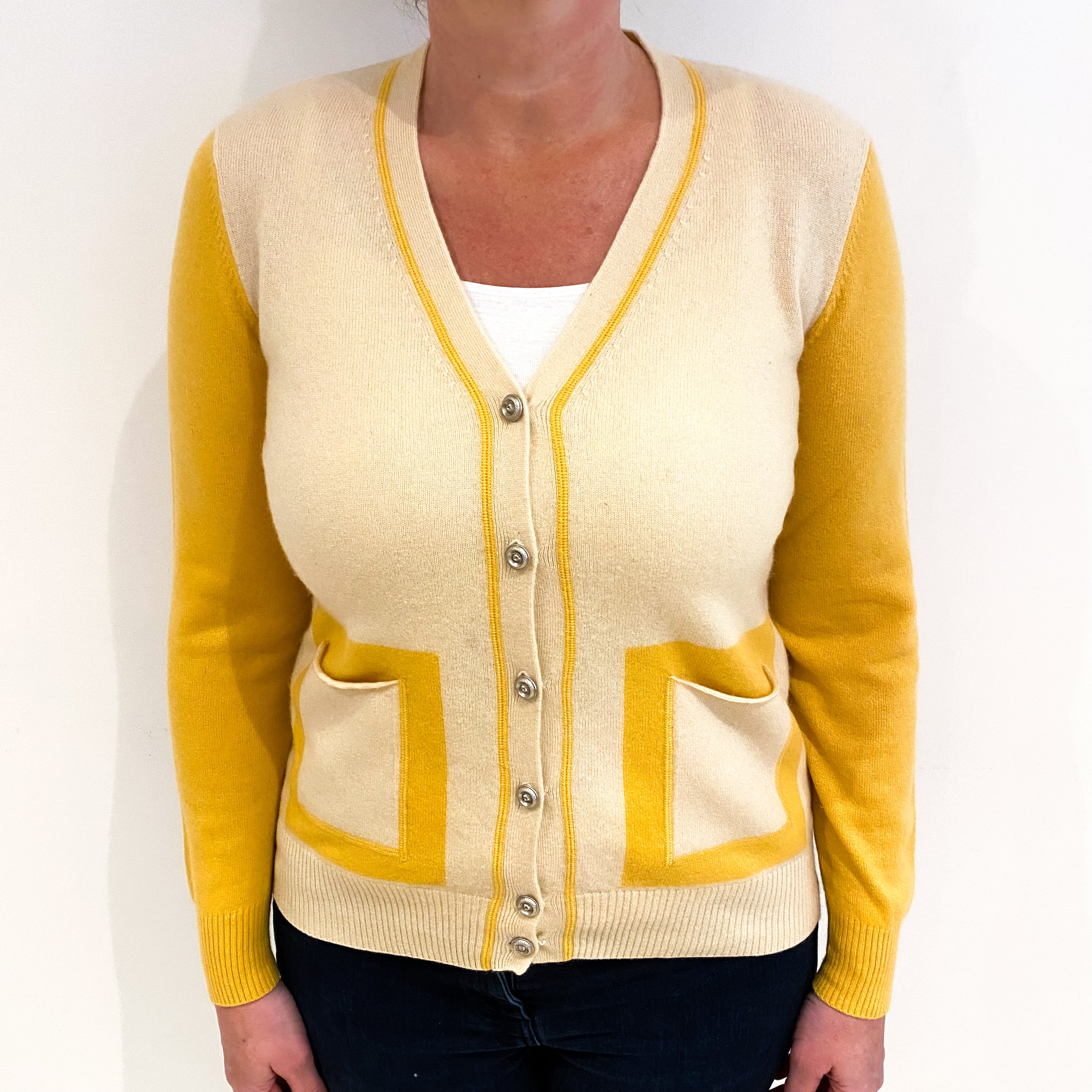 Soft Beige And Marigold Cashmere V Neck Cardigan Large