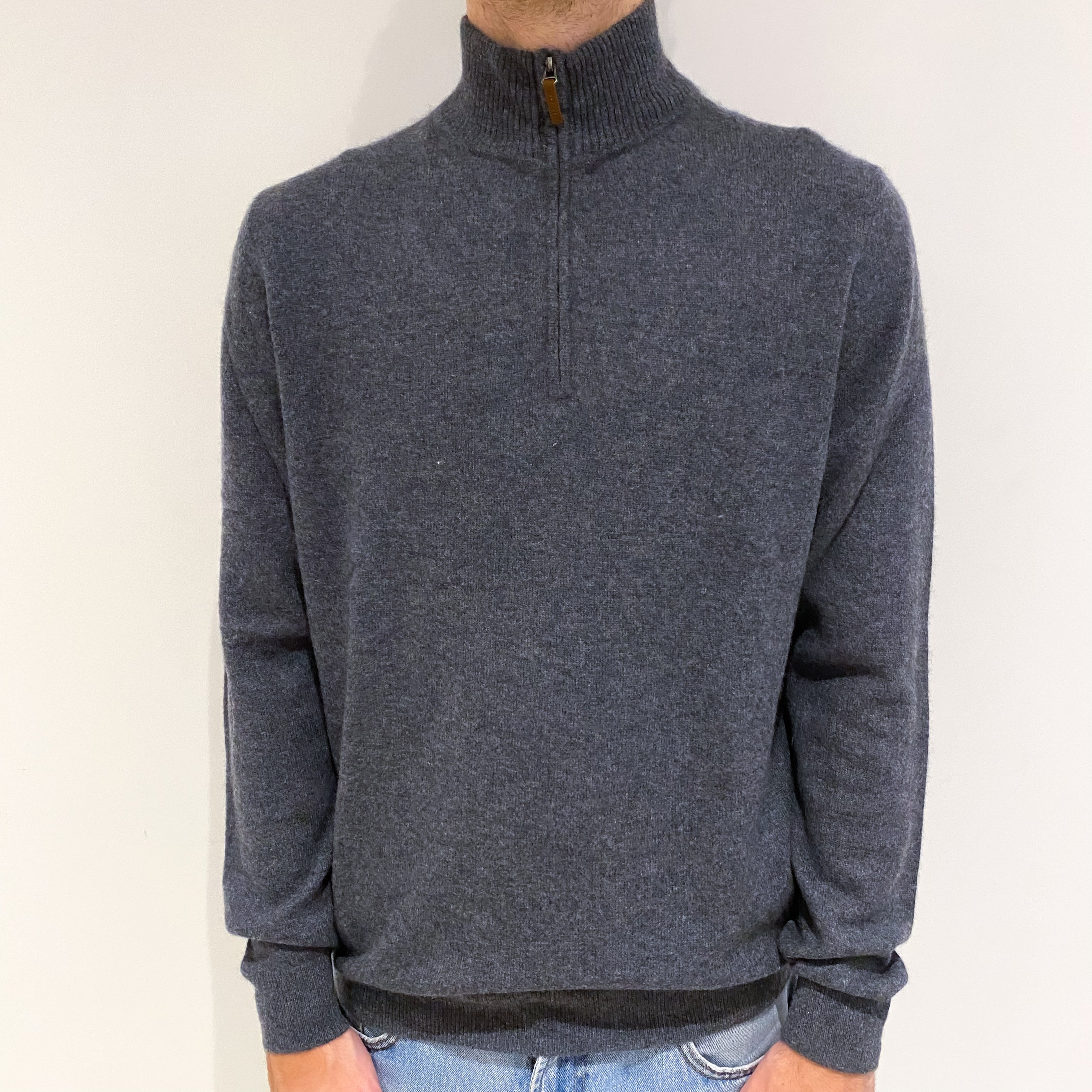 Men's Slate Grey Cashmere 1/4 Zip Jumper Large