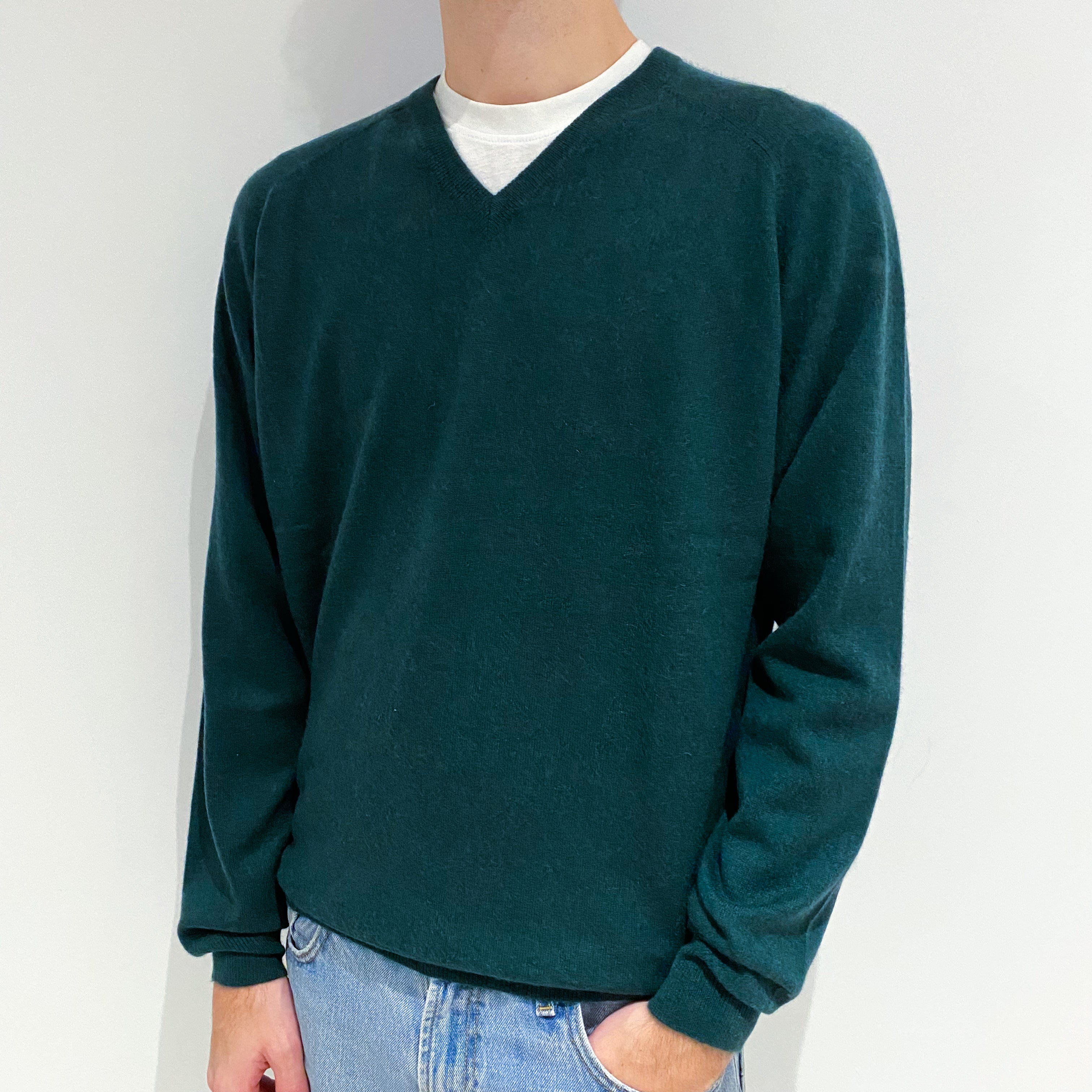 Men's Bottle Green Cashmere V-Neck Jumper Large
