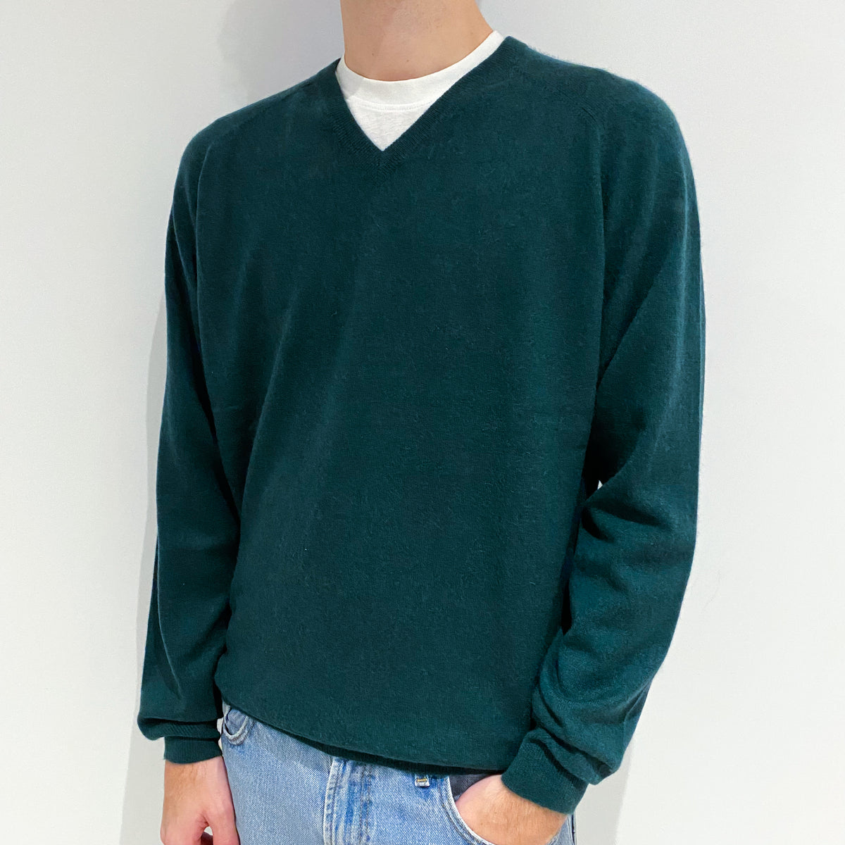 Men's Bottle Green Cashmere V-Neck Jumper Large