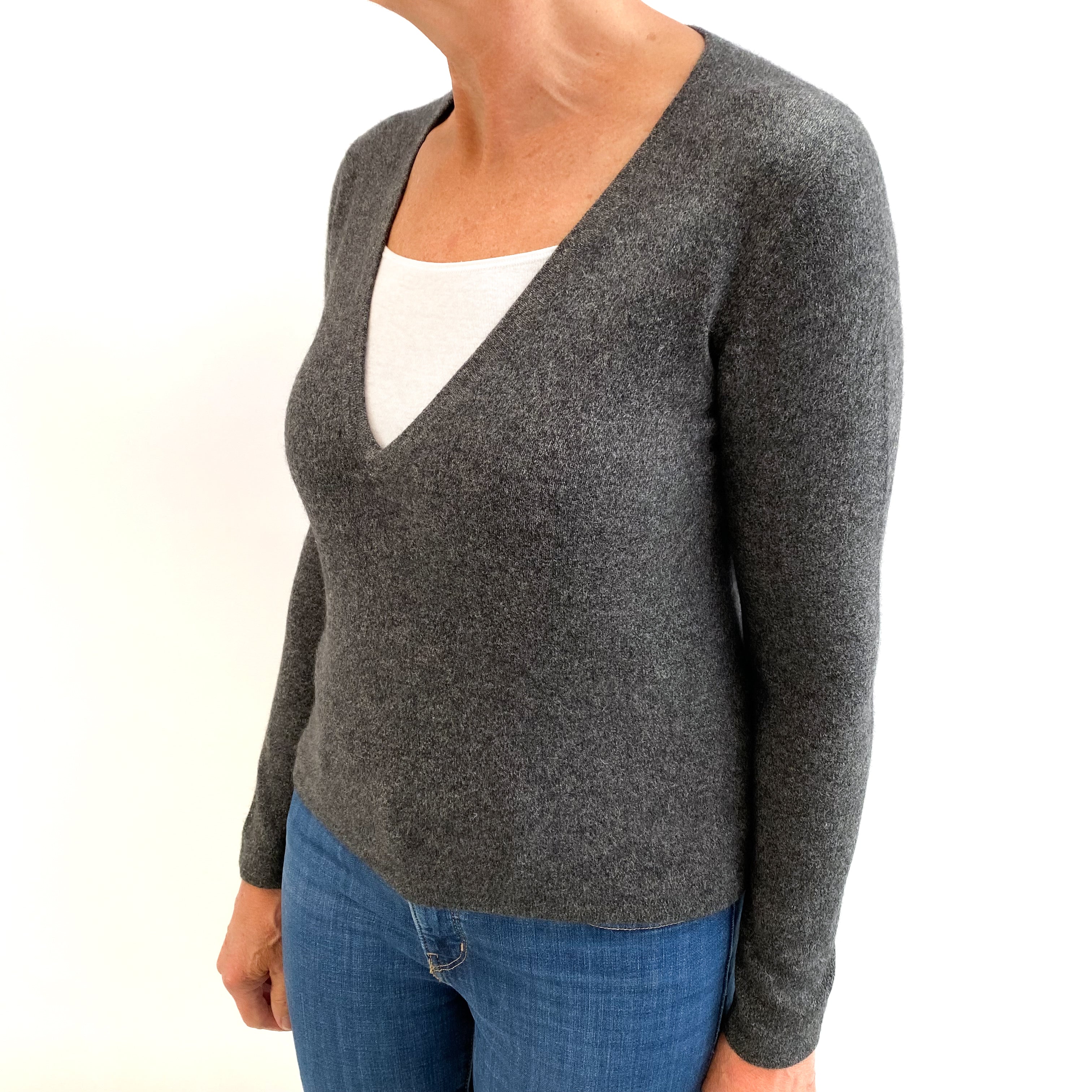Charcoal Marl Cashmere V Neck Jumper Medium
