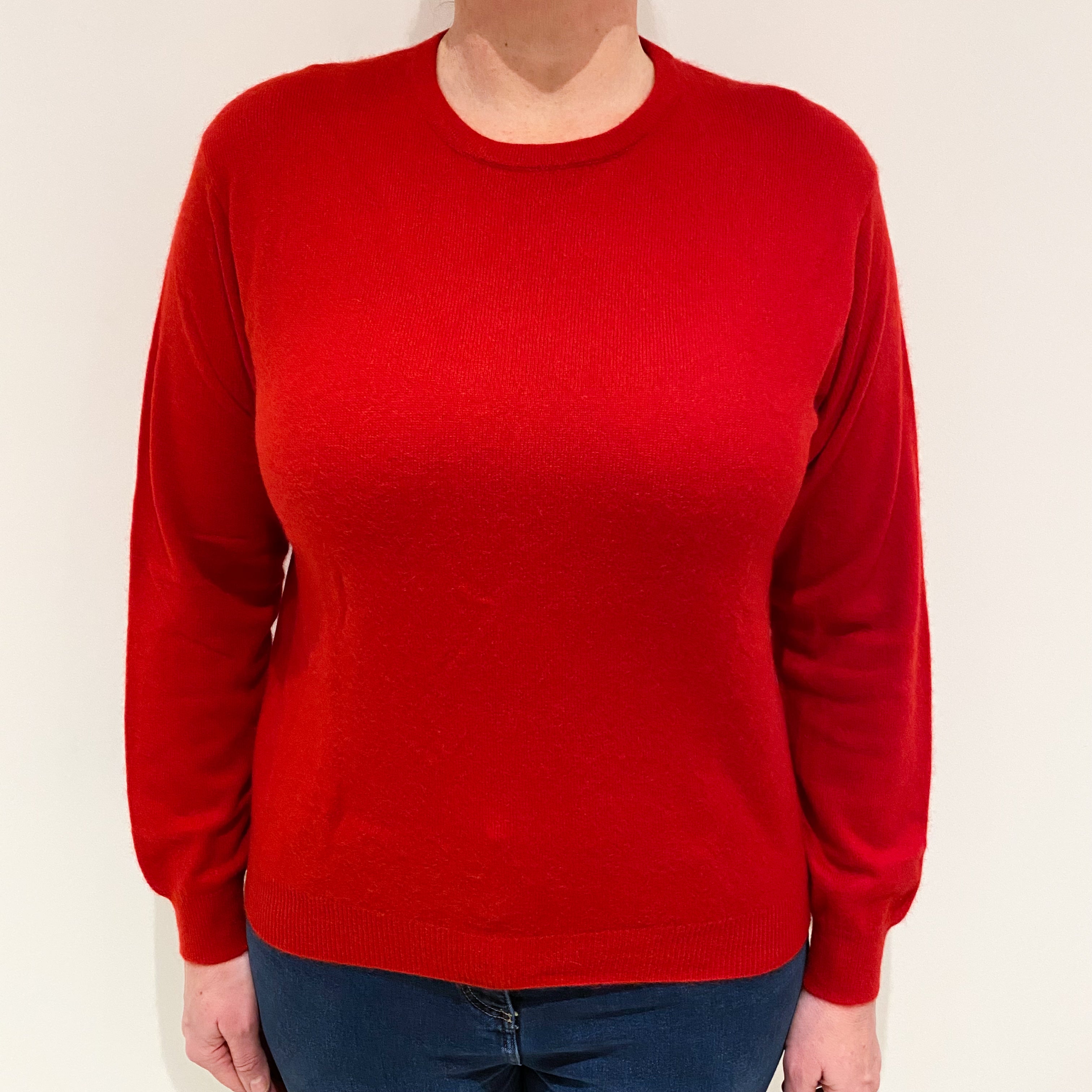 Bright Scarlet Red Cashmere Low Crew Neck Jumper Large