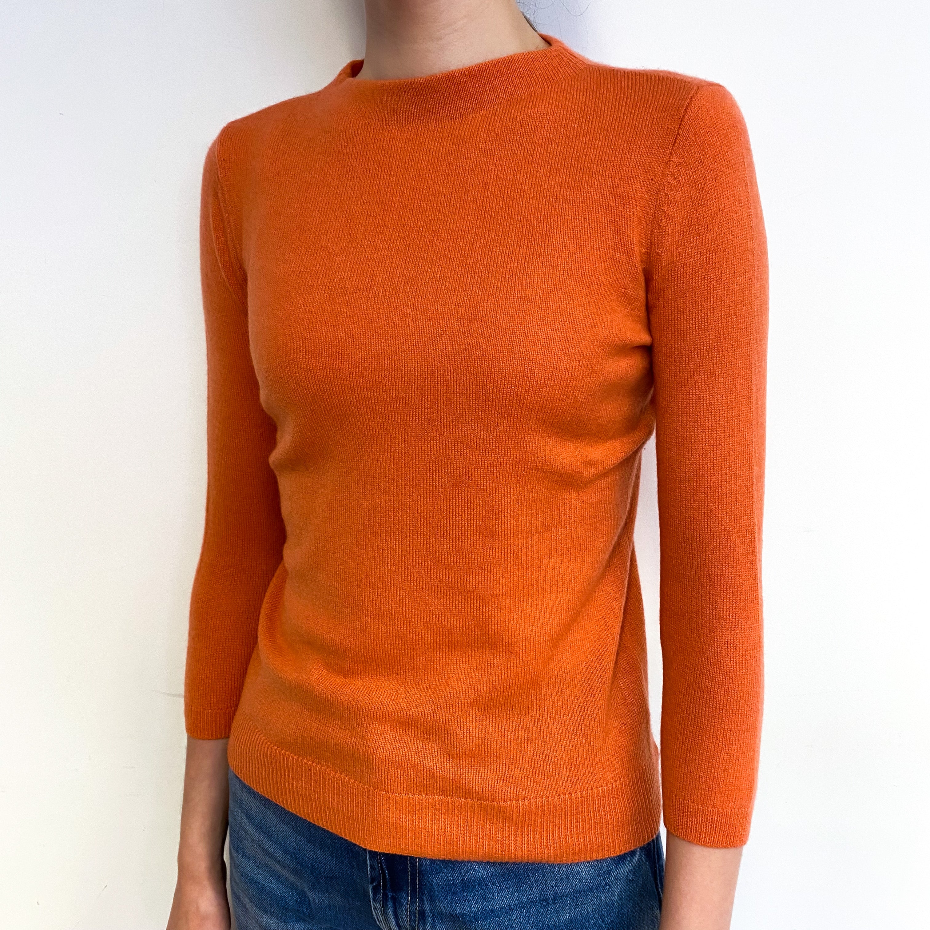 Sunset Orange 3/4 Sleeve Cashmere Crew Neck Jumper Extra Small