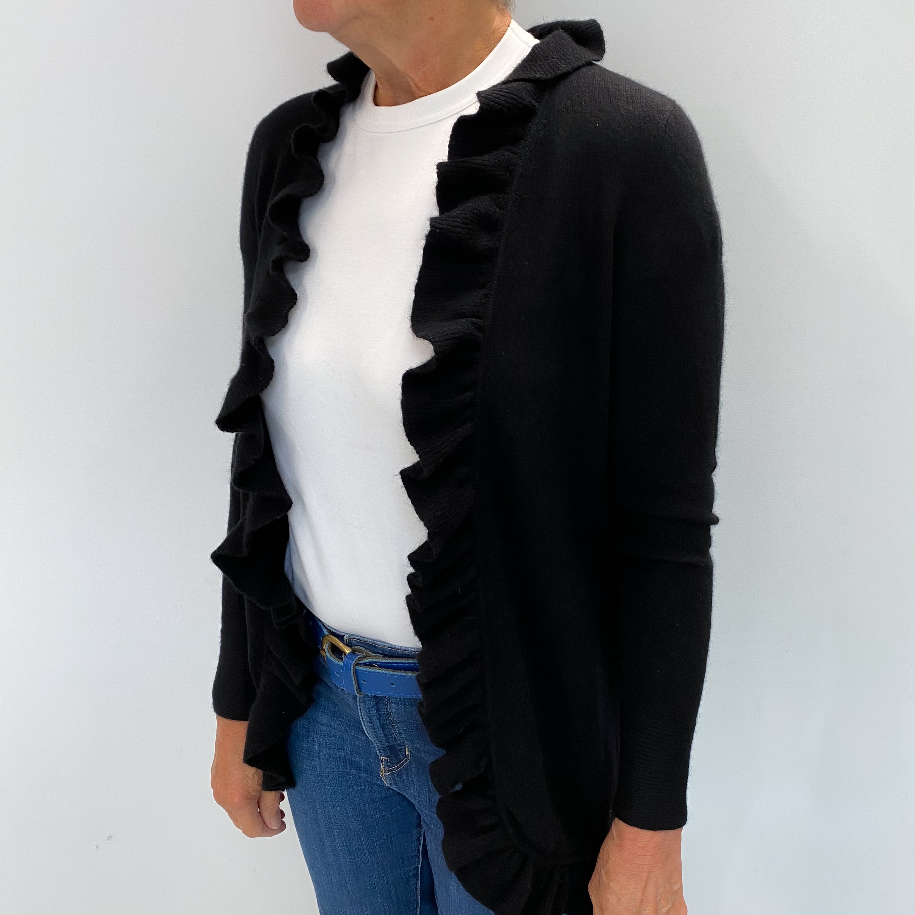 Black Cashmere Ruffle Edge to Edge Cardigan Medium