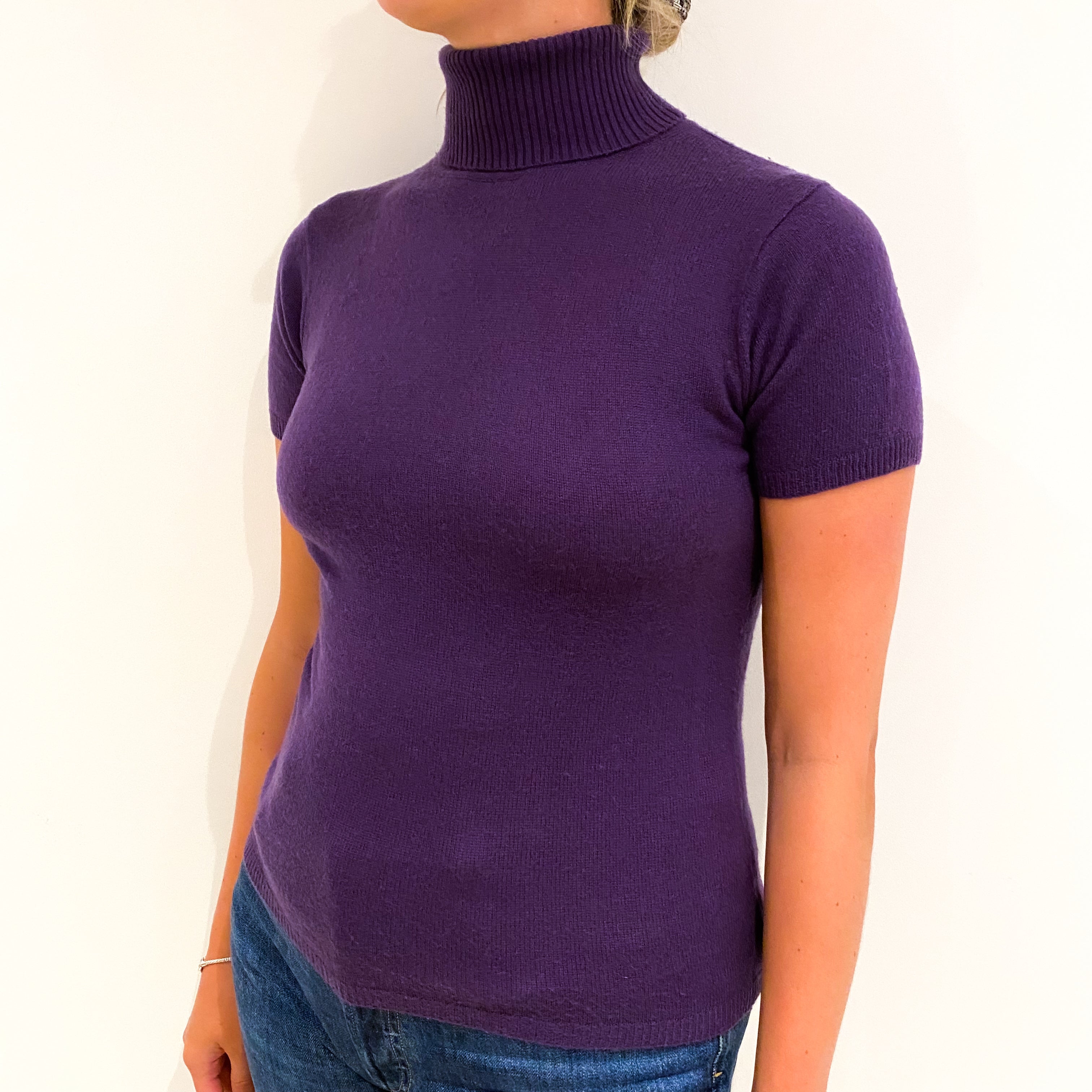 Pansy Purple Cashmere Short Sleeved Polo Neck Jumper Small