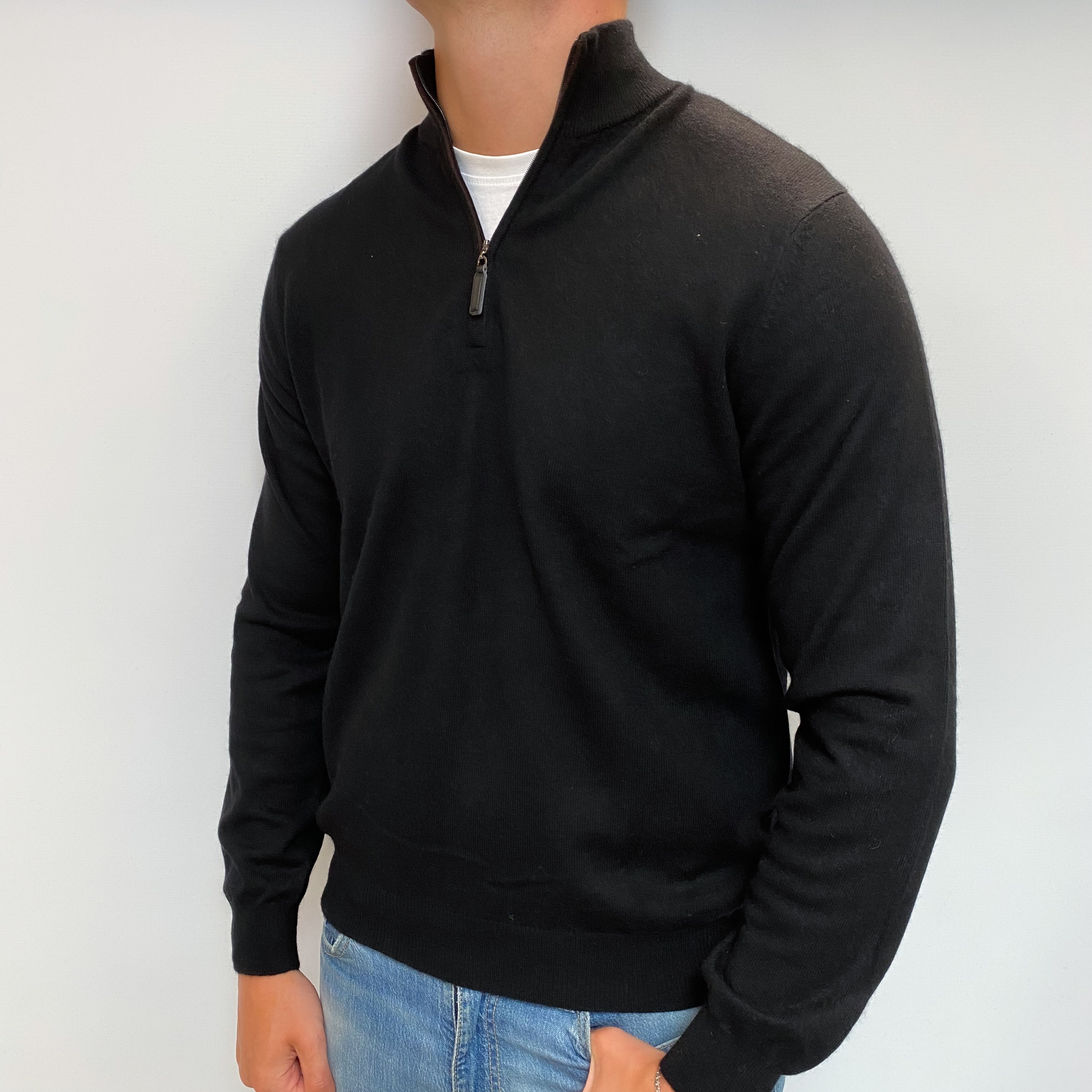 Men's Black Cashmere 1/4 Zip V Neck Jumper XL