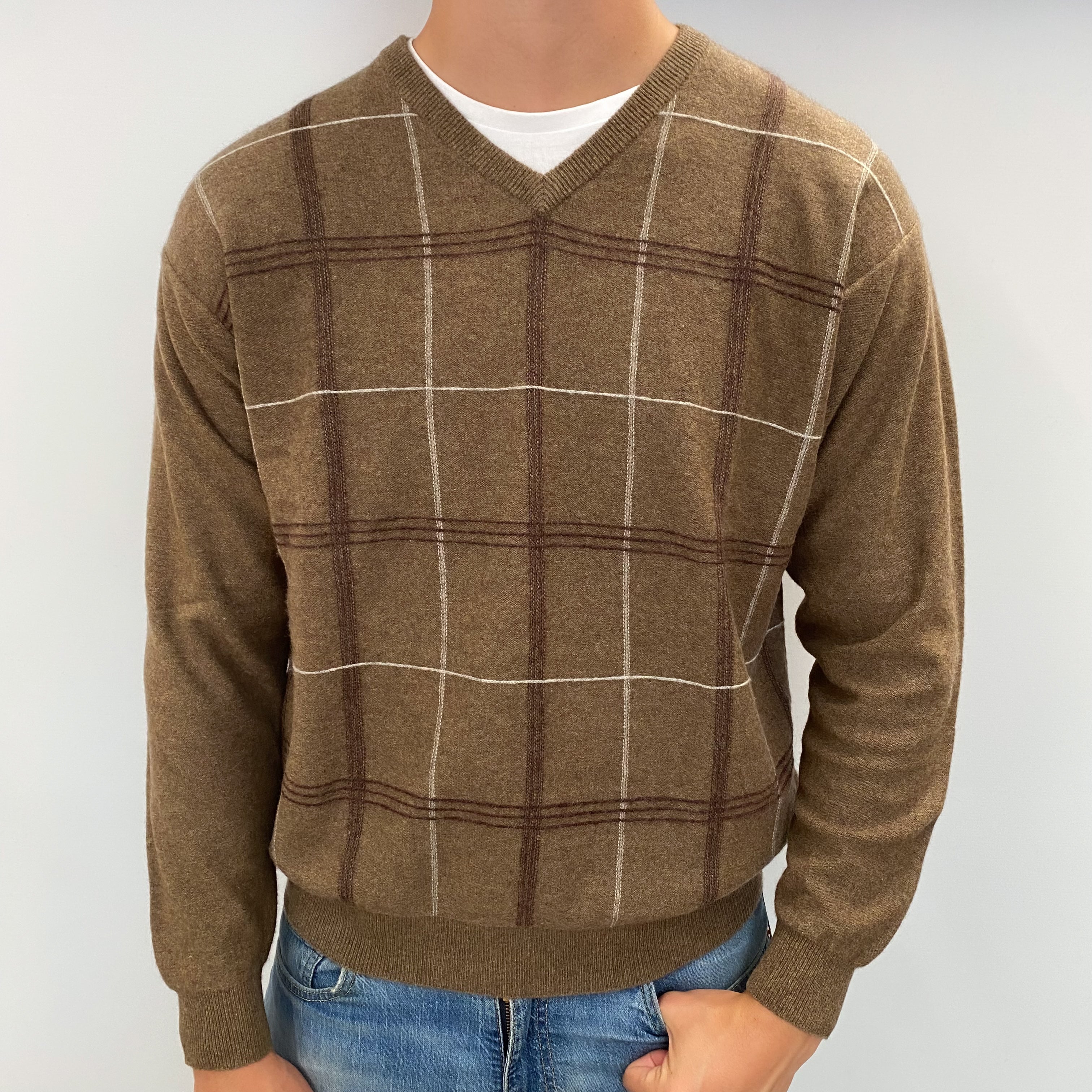 Men's Khaki Green Patterned Cashmere V Neck Jumper XXL