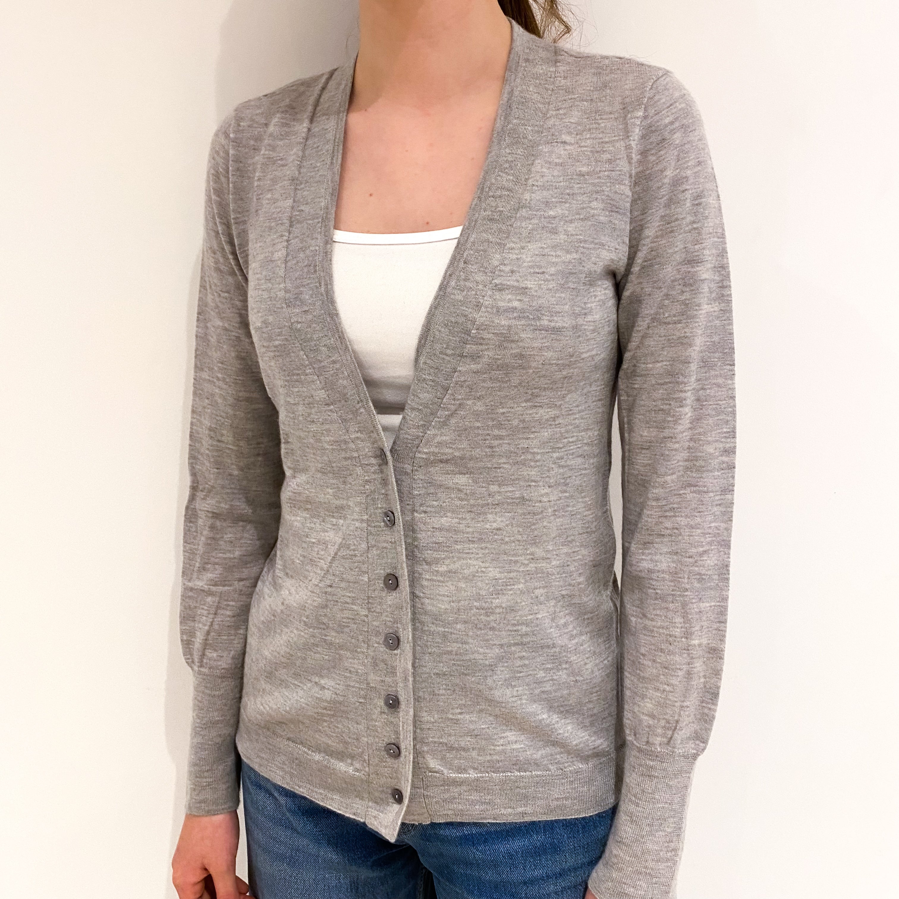 Smoke Grey Fine Knit Cashmere V-Neck Cardigan Extra Small