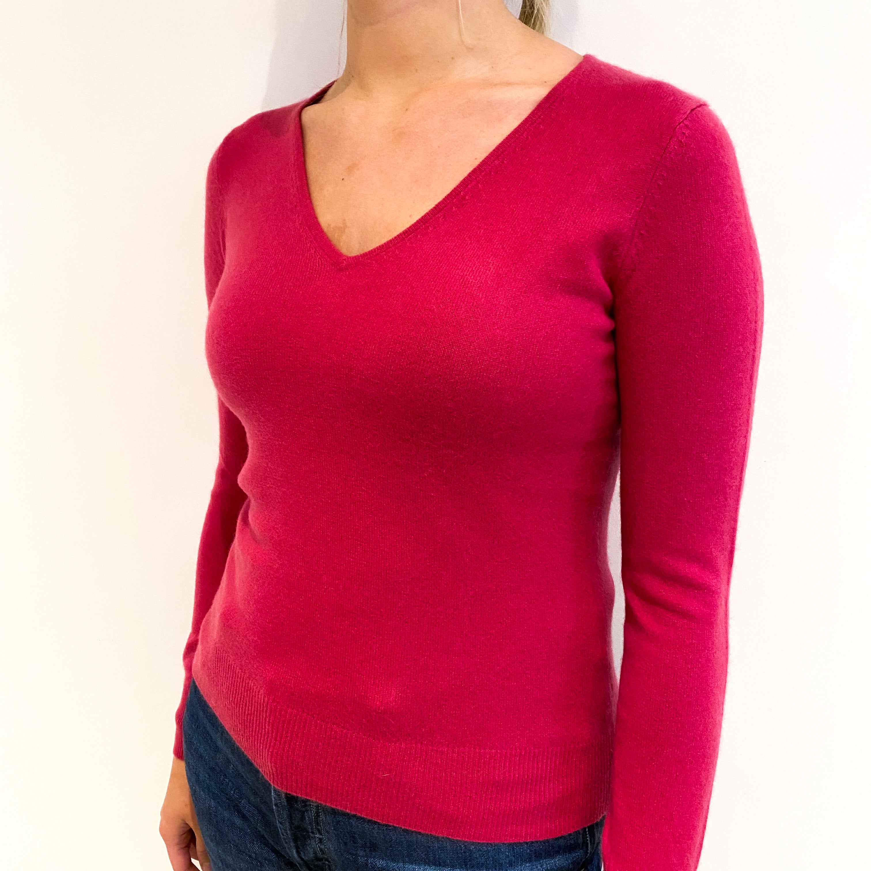 Raspberry Pink Cashmere V Neck Jumper Small