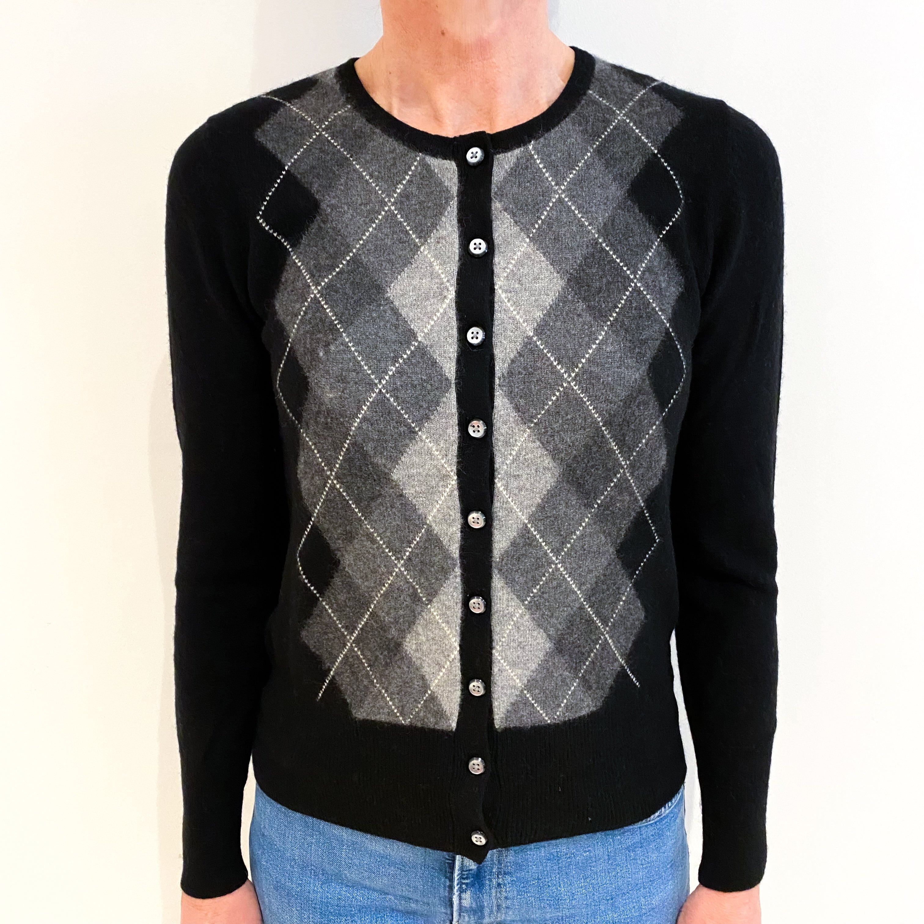 Black And Grey Argyle Cashmere Crew Neck Cardigan Small