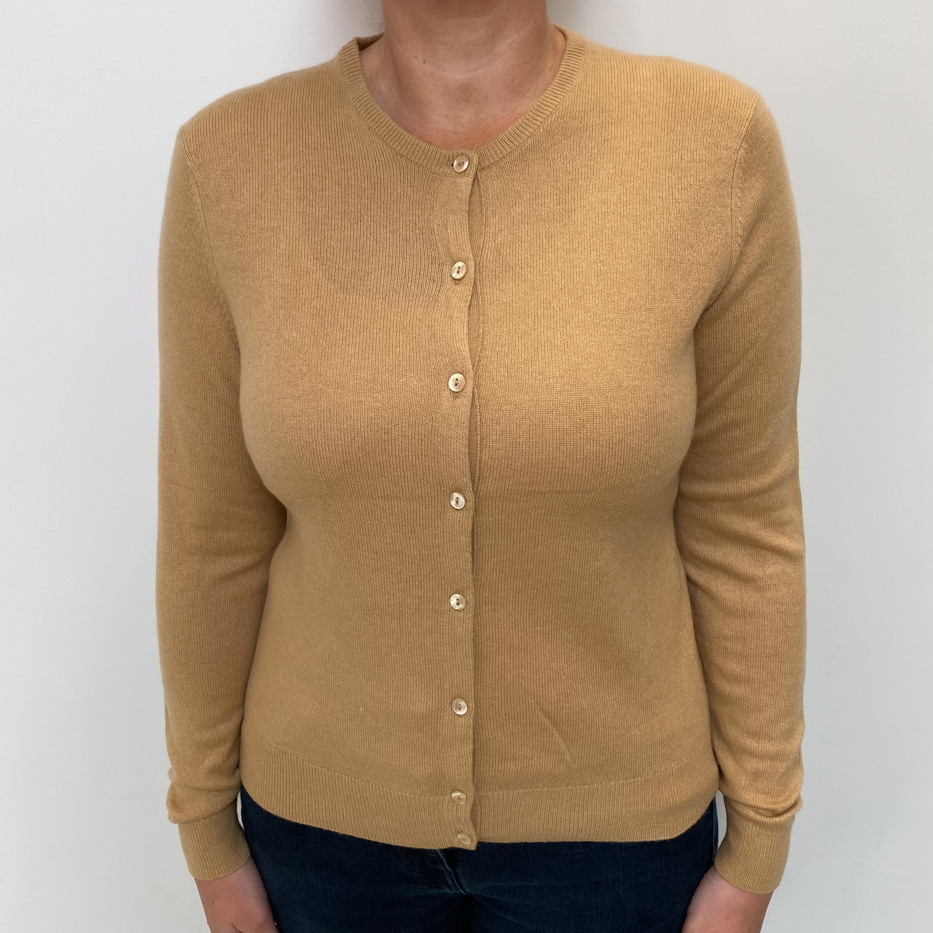 Caramel Brown Cashmere Crew Neck Cardigan Large