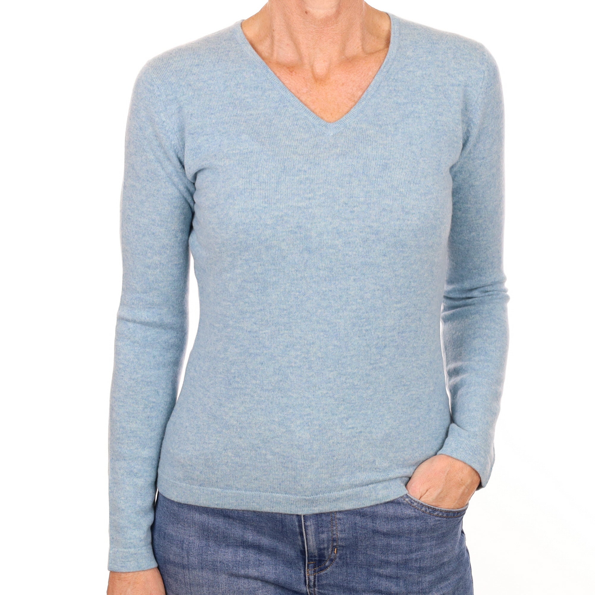 New Opal Blue Cashmere V Neck Jumper Small