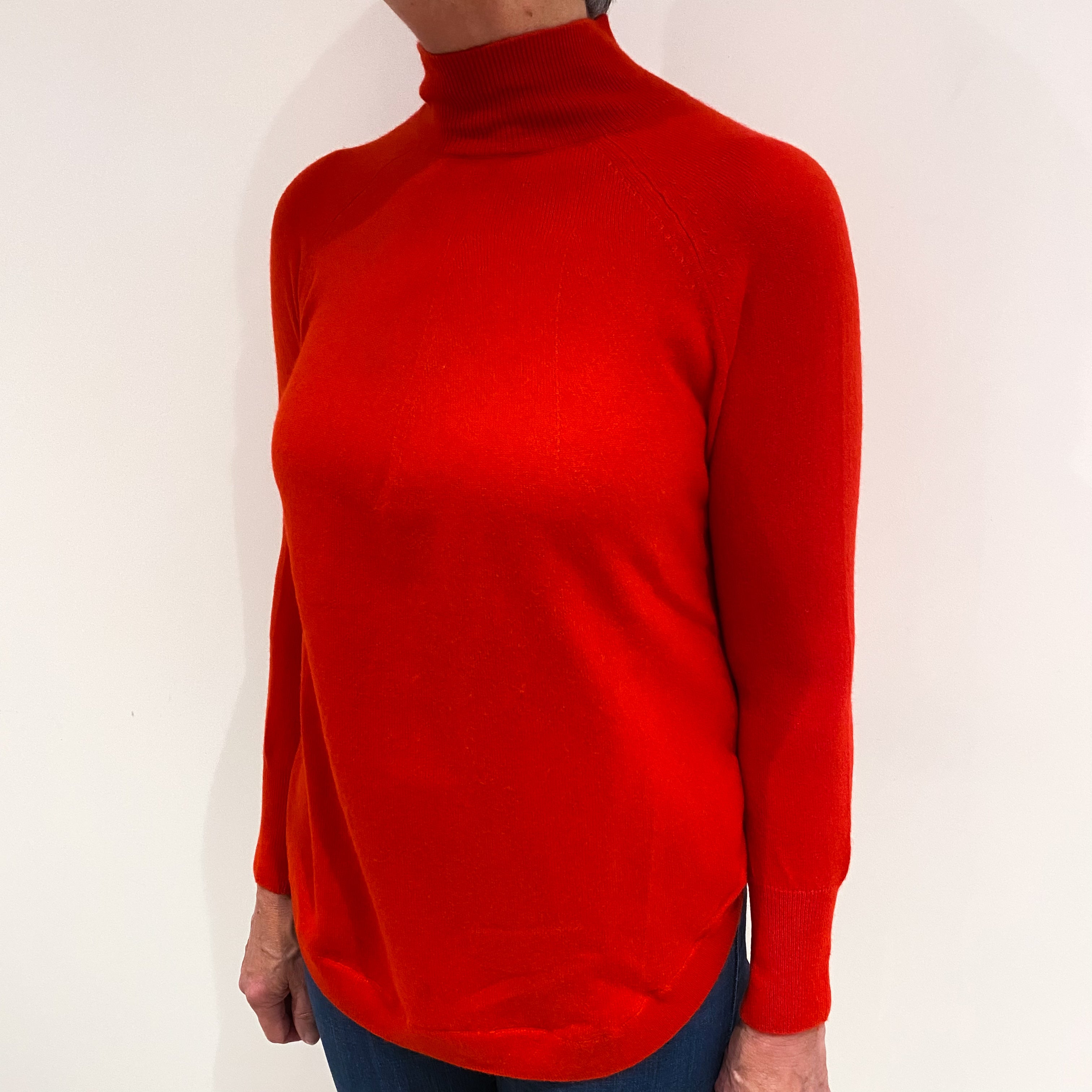 Vermillion Red Cashmere Scooped Hem Polo Neck Jumper Medium