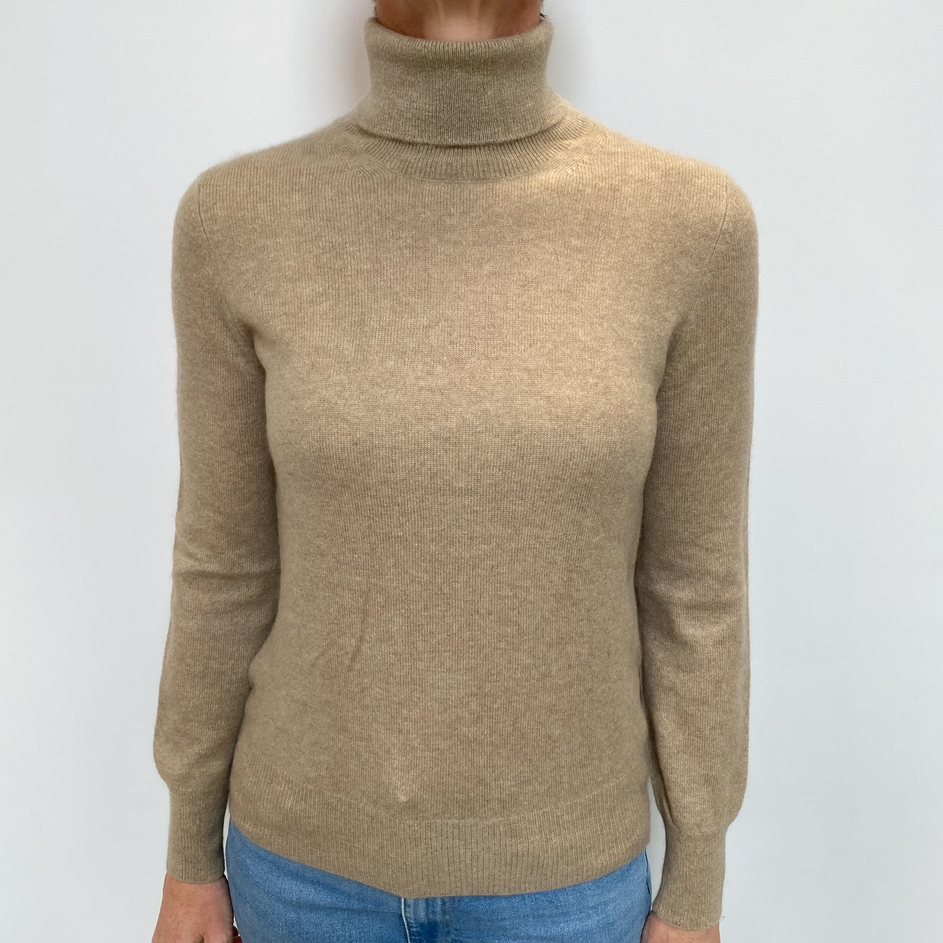 Fawn Brown Cashmere Polo Neck Jumper Small