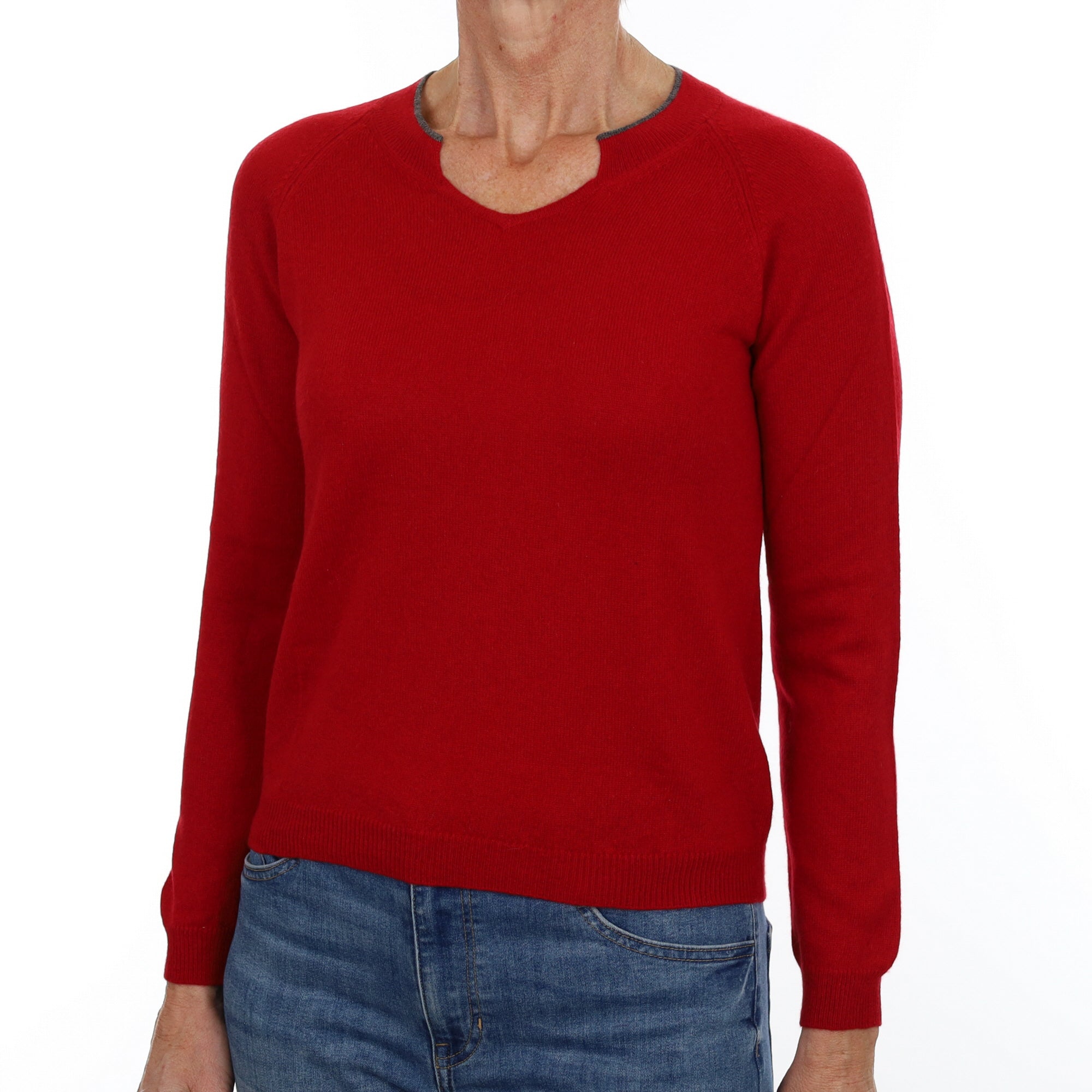 Crimson Red Cashmere Notch V Neck Jumper Small