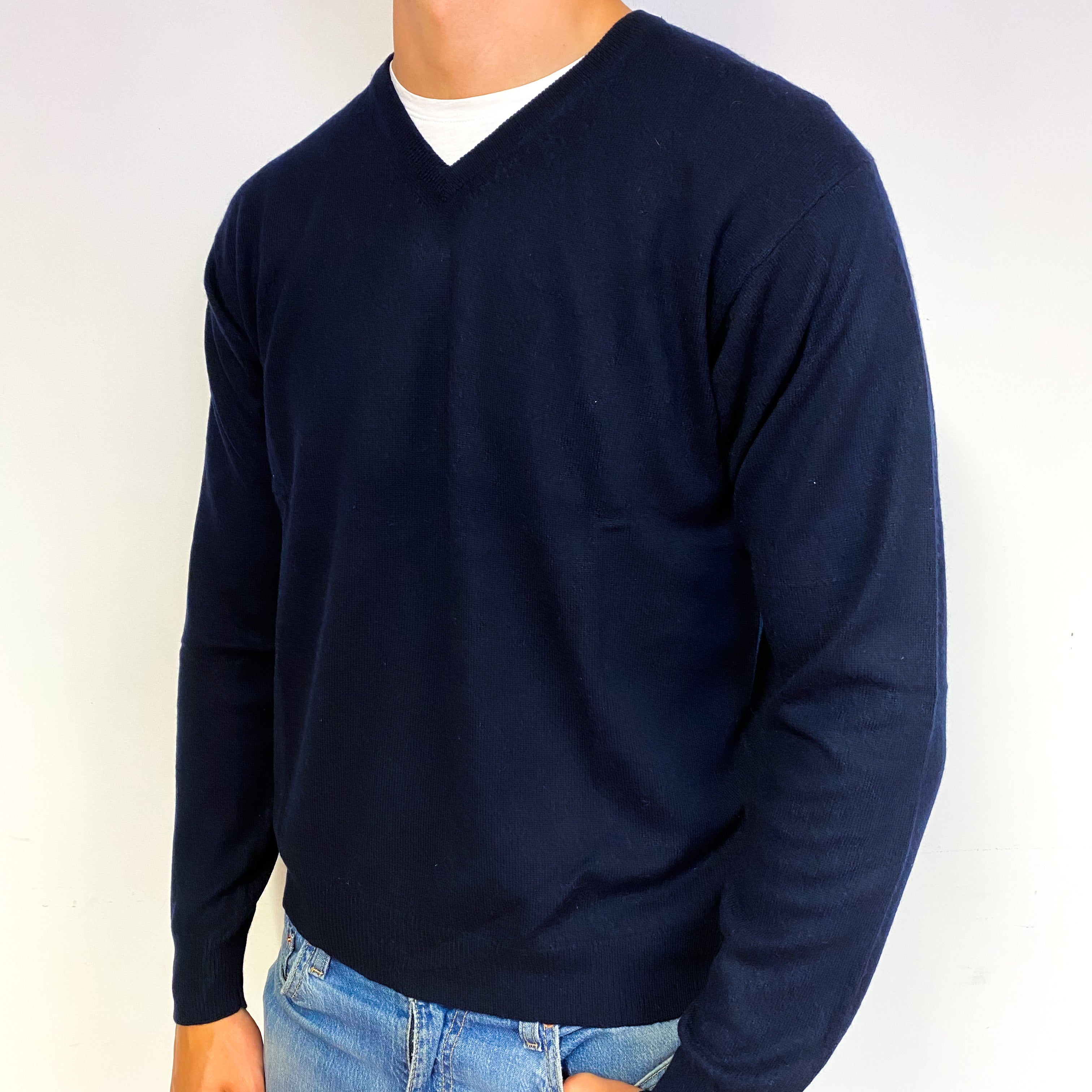 Men's Navy Blue Cashmere V-Neck Jumper Extra Large