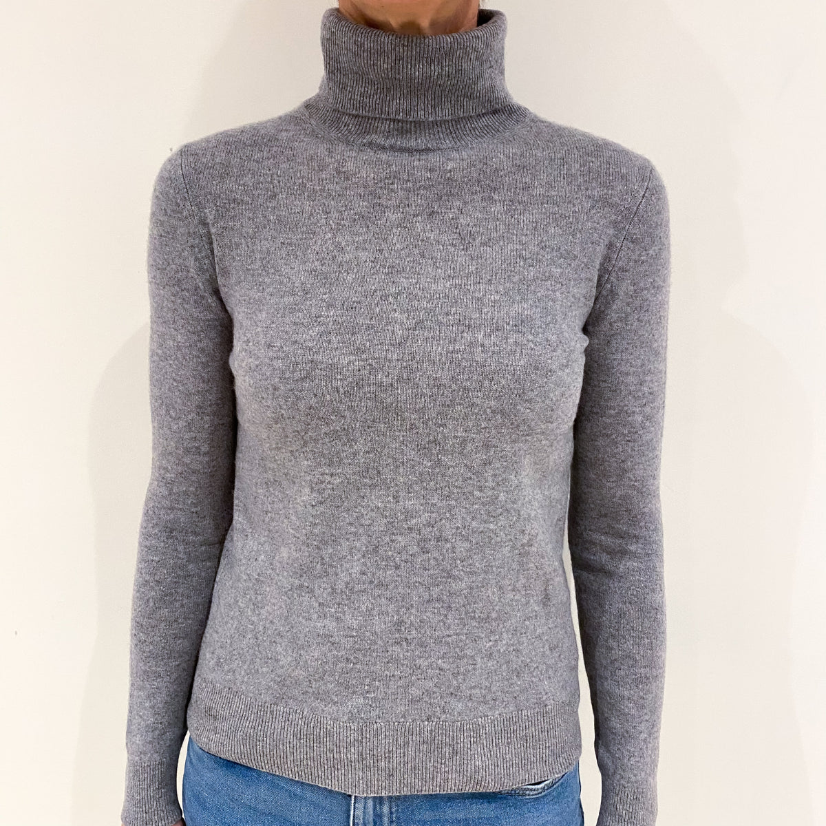 Ash Grey Cashmere Polo Neck Jumper Small