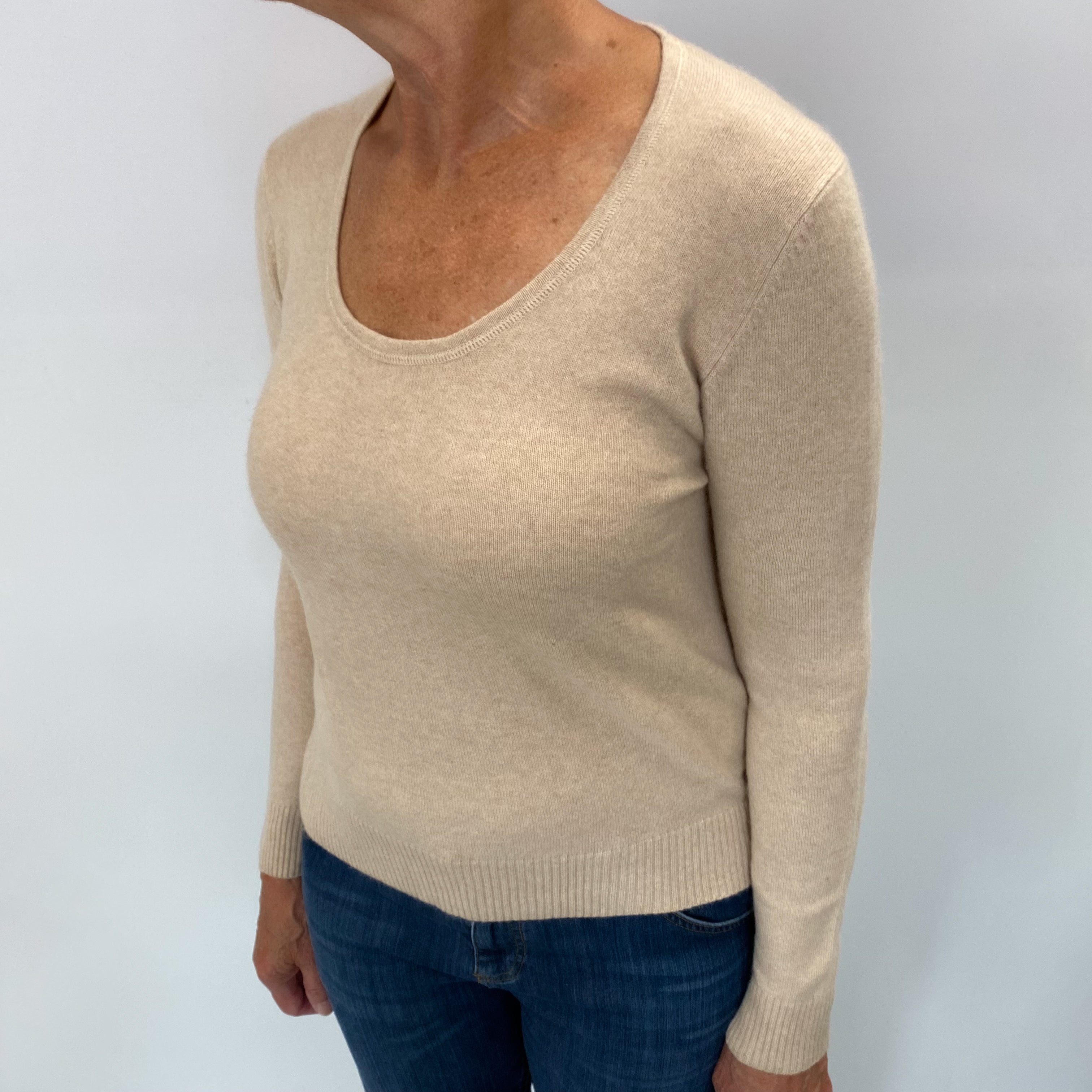 Oatmeal Beige Cashmere Scoop Neck Jumper Medium