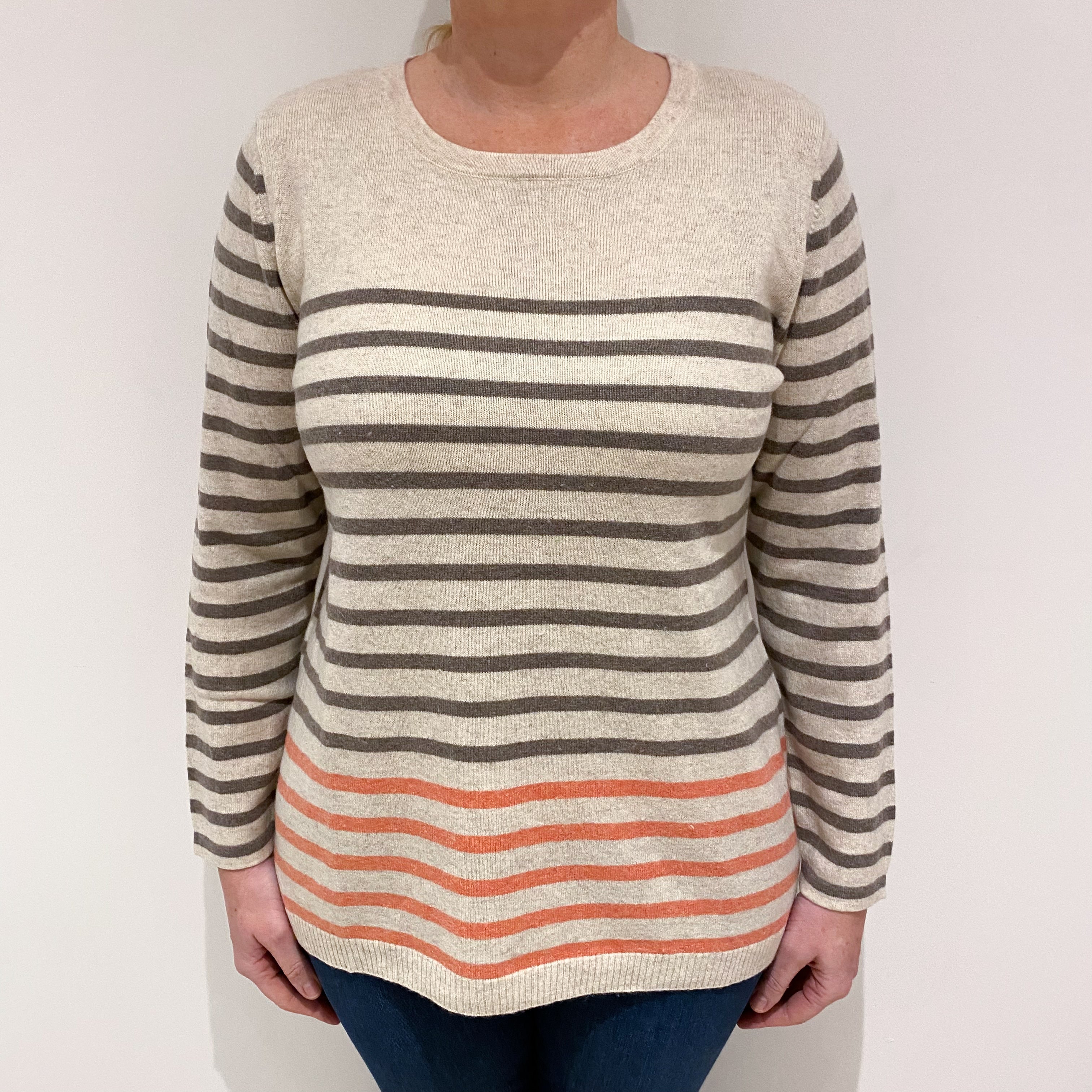 Oatmeal Brown Stripe Cashmere Crew Neck Jumper Large
